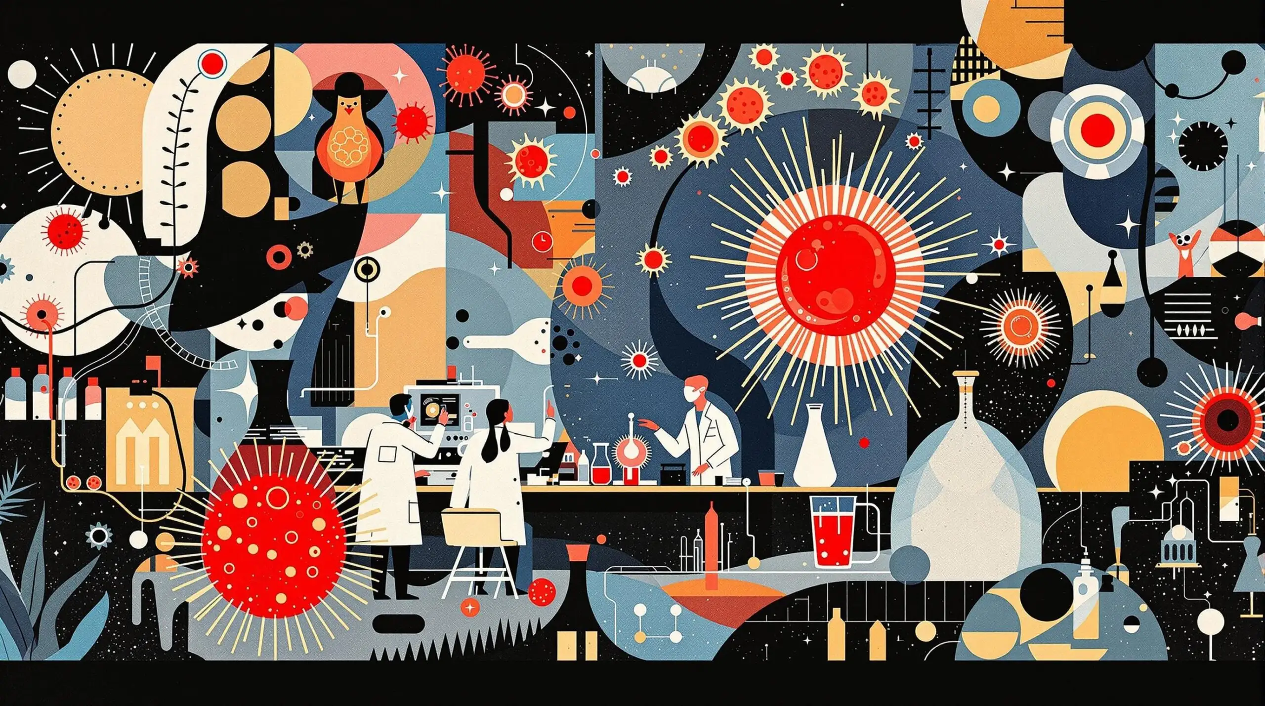 A collage-style illustration of a futuristic lab with scientists examining cells undergoing red light therapy, filled with vibrant abstract elements.