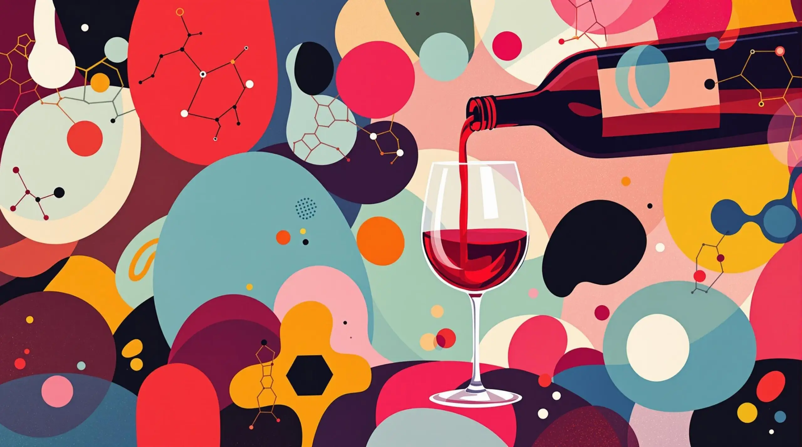 Illustration of a red wine bottle pouring into a glass with abstract molecular shapes.