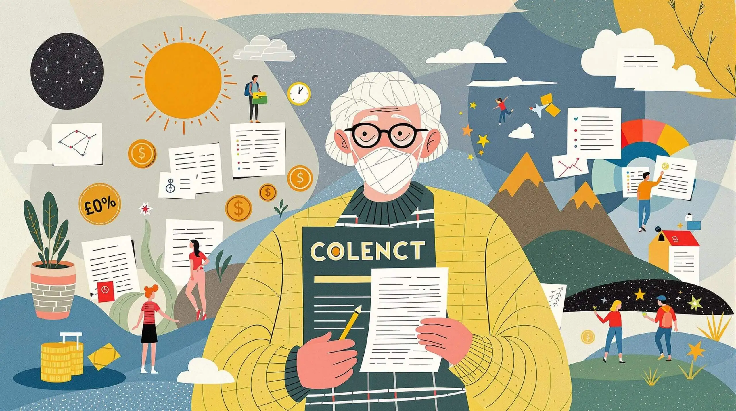 A vibrant collage featuring an elderly person planning with modern financial tools, surrounded by abstract patterns.