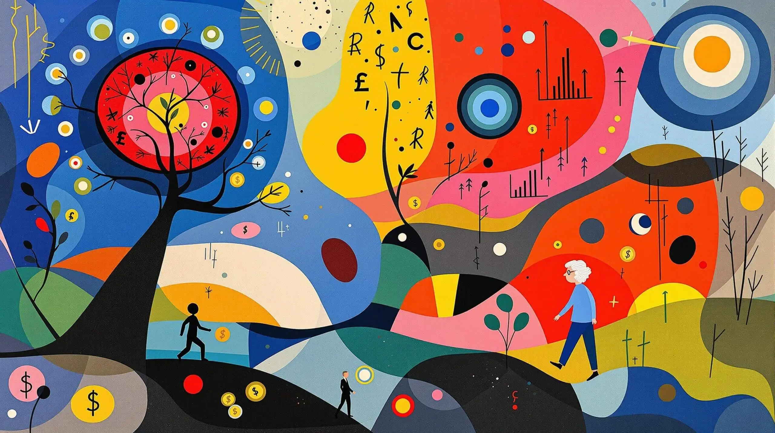 A colorful and abstract illustration depicting a 100-year retirement strategy with symbols of growth, financial stability, and active aging.