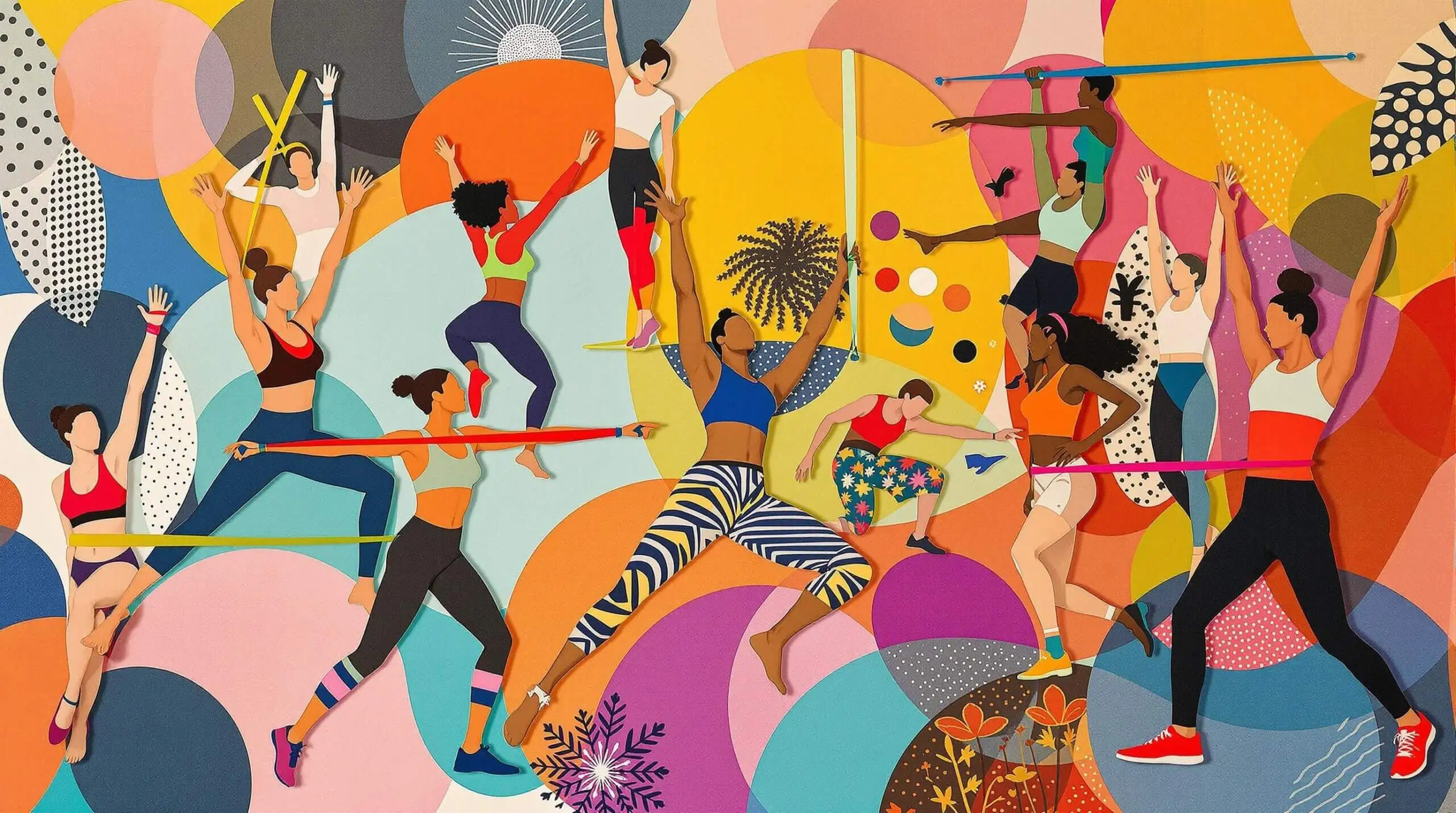 Collage of diverse individuals exercising with resistance bands against an abstract background.