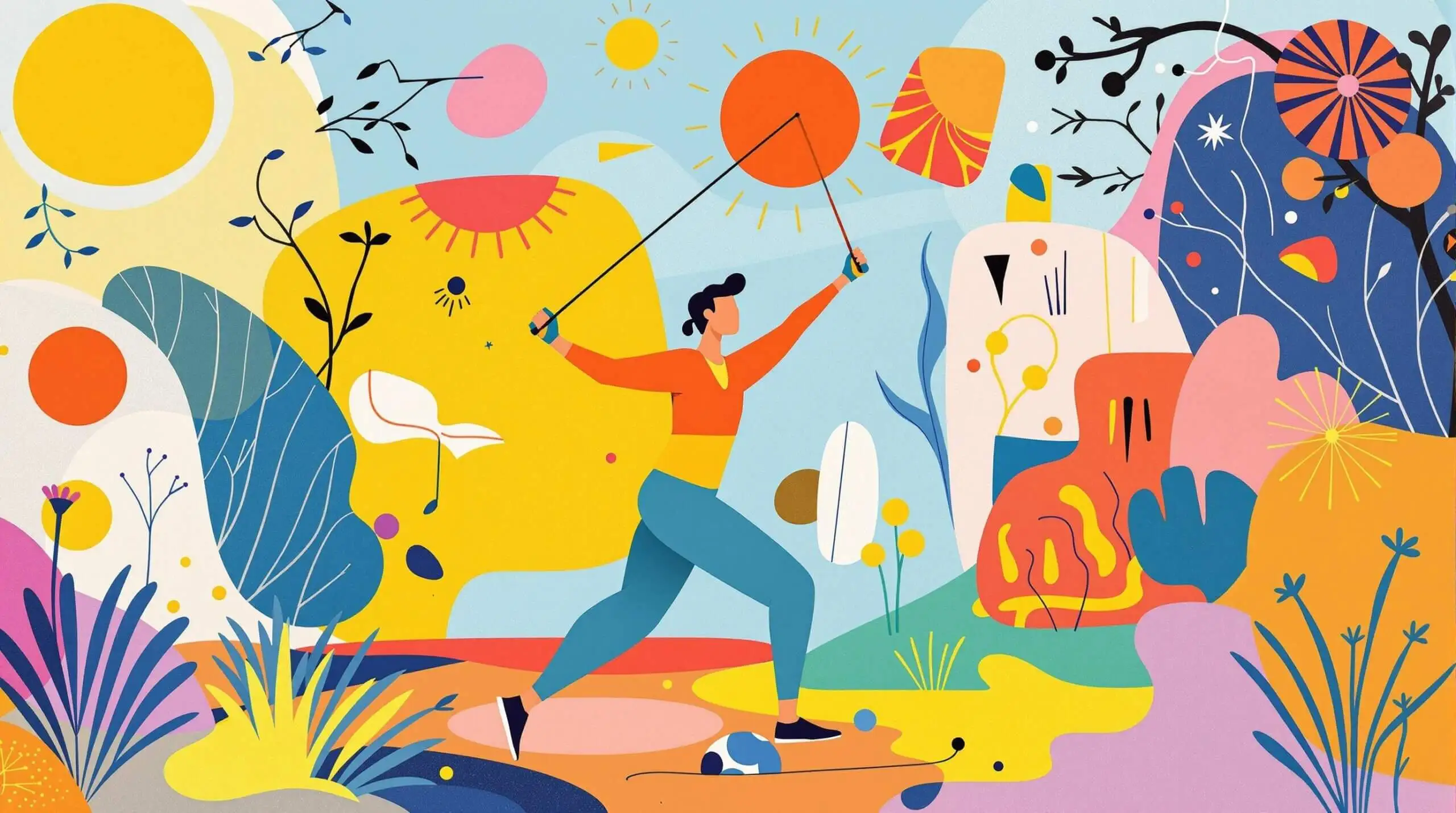 An illustration of a person using resistance bands with colorful abstract elements.