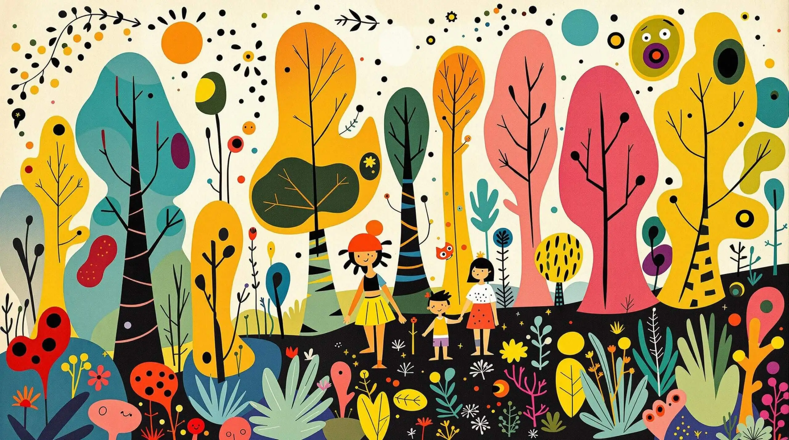 Family hiking in a colorful, abstract natural environment.