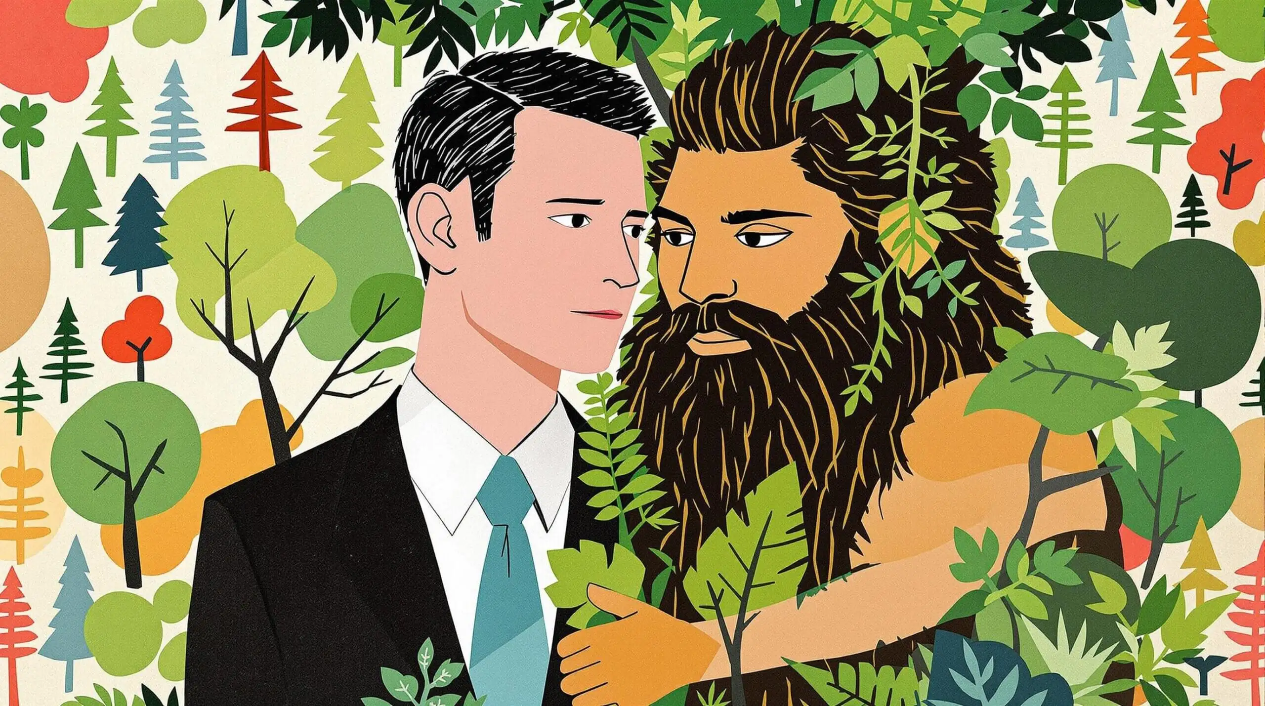 Illustration of a modern person intertwined with nature, depicting primal habits.