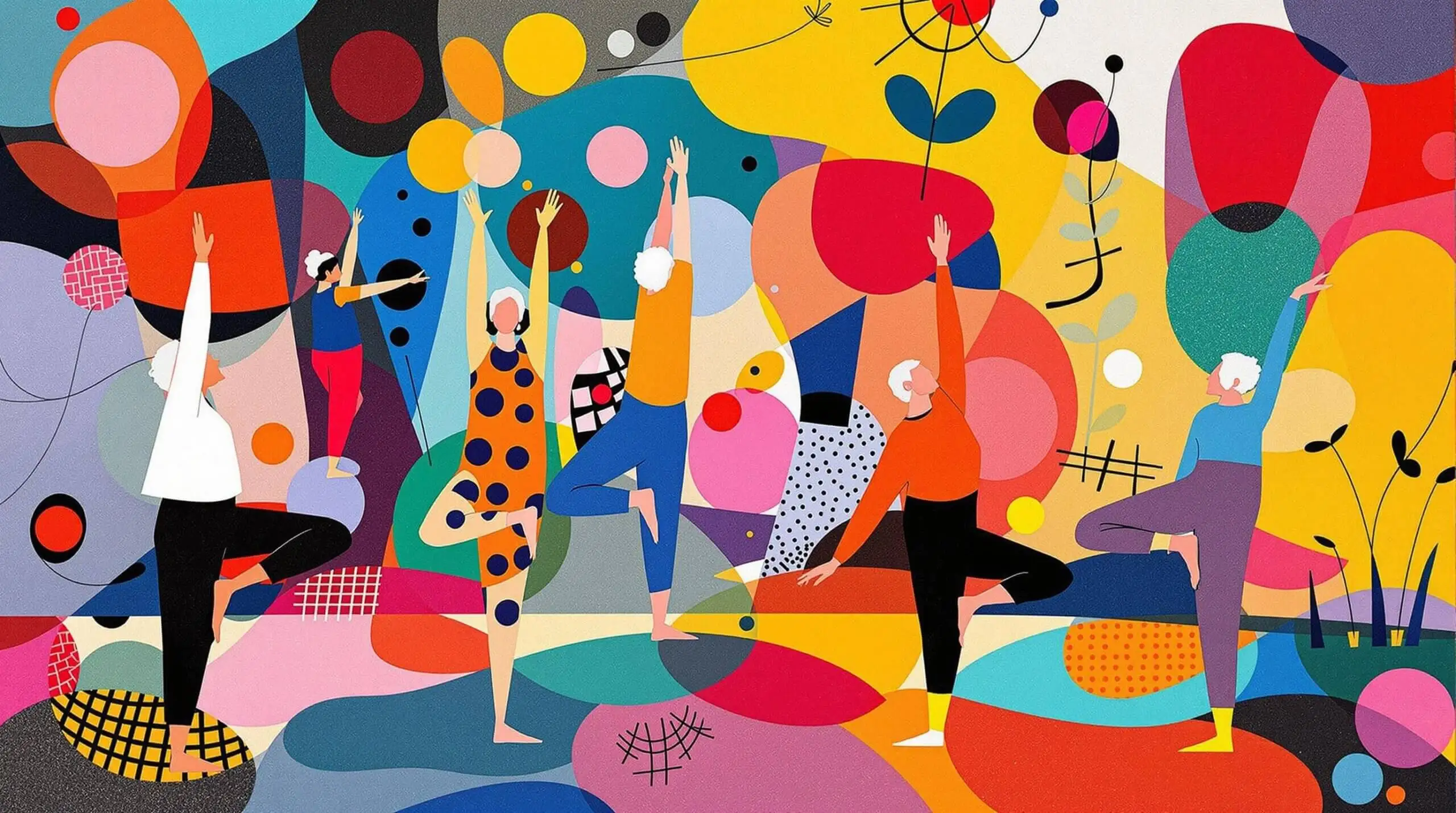 Elderly individuals engaged in balance training within a colorful abstract background.