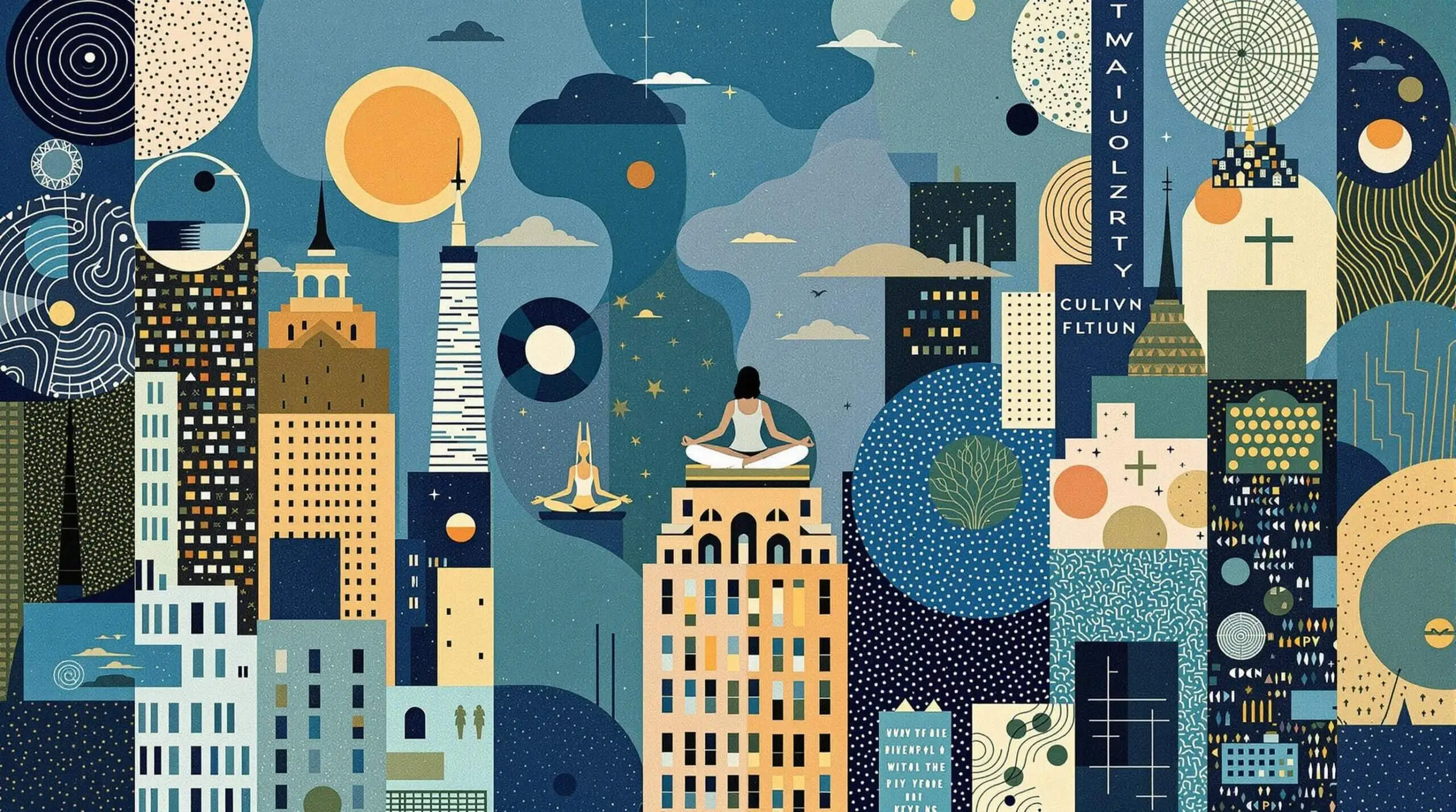 Collage of a person meditating above the city with abstract patterns.