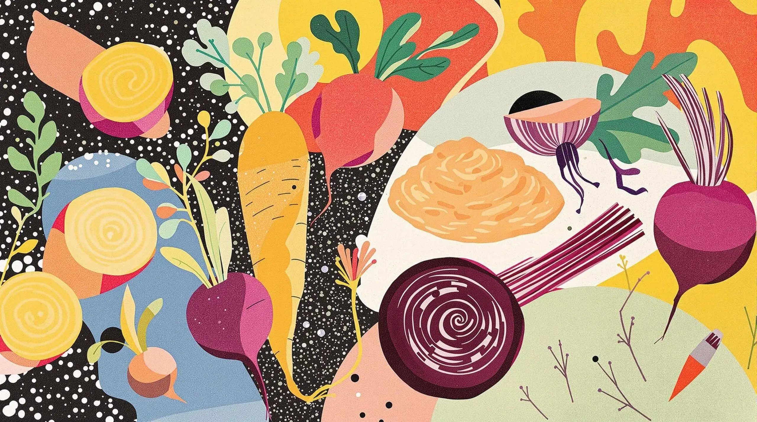 A collage-style illustration featuring different roots and tubers, made in the style of Hannah Hoch.