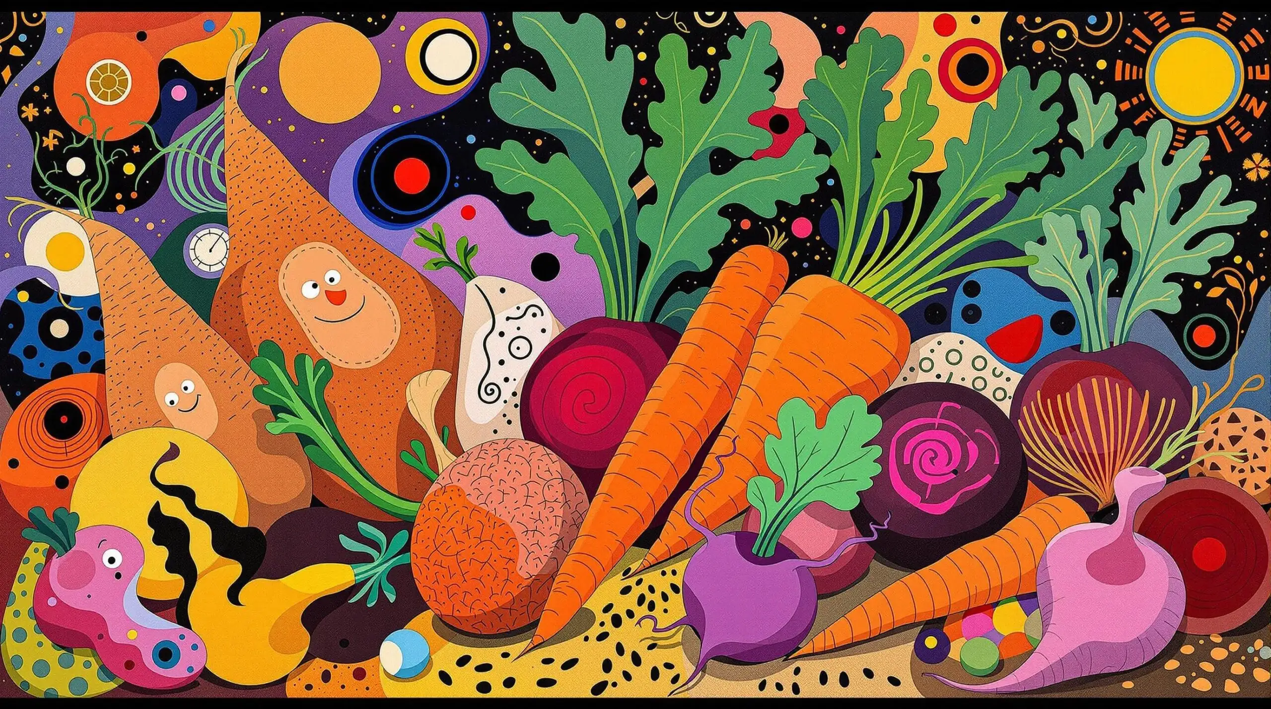 An abstract and colorful illustration showcasing an array of roots and tubers, styled in the manner of Joan Miró.