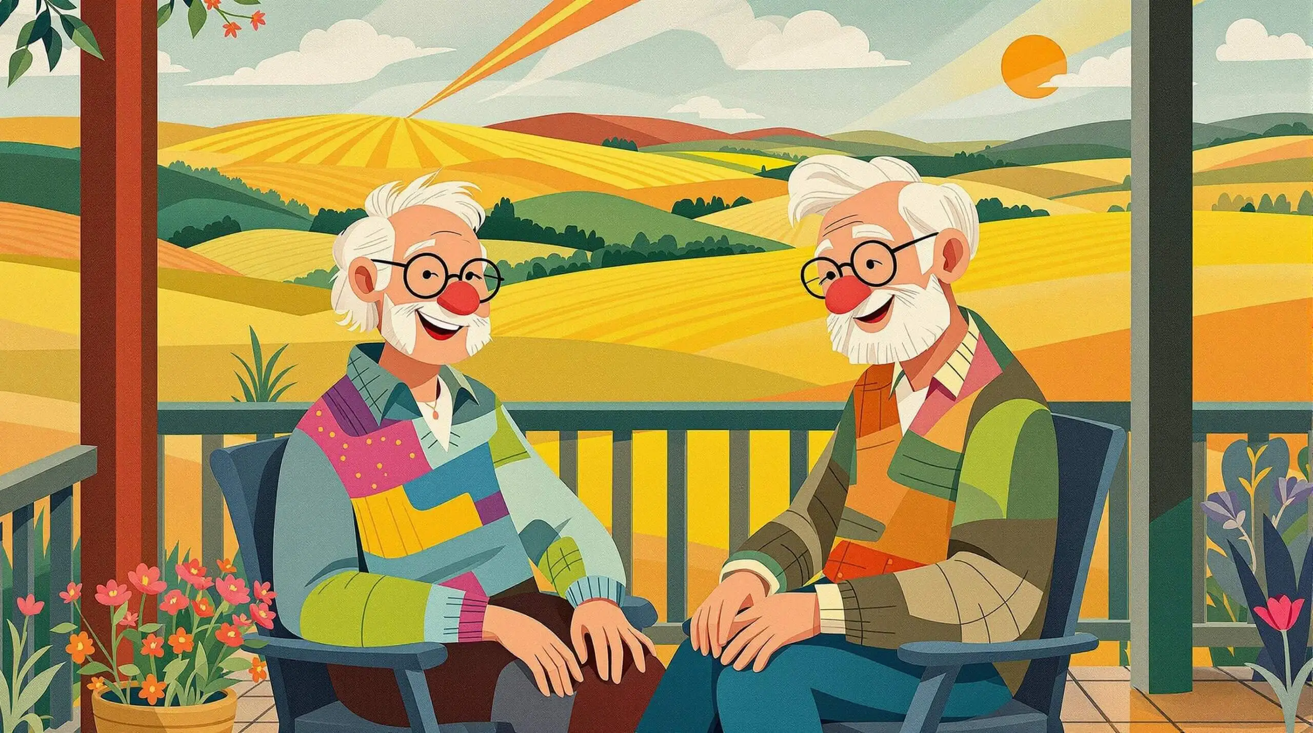 Elderly couple sitting on a porch with a joyful expression in an abstract, colorful style.