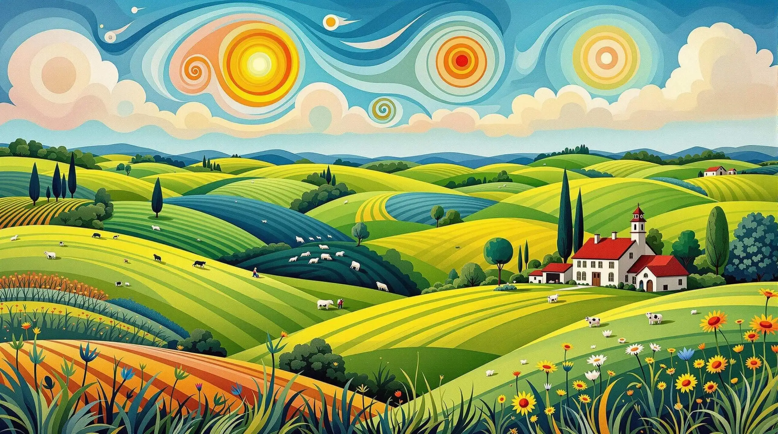 An artistic depiction of rural life with a farmhouse, farmer, and livestock in a vibrant, abstract style.
