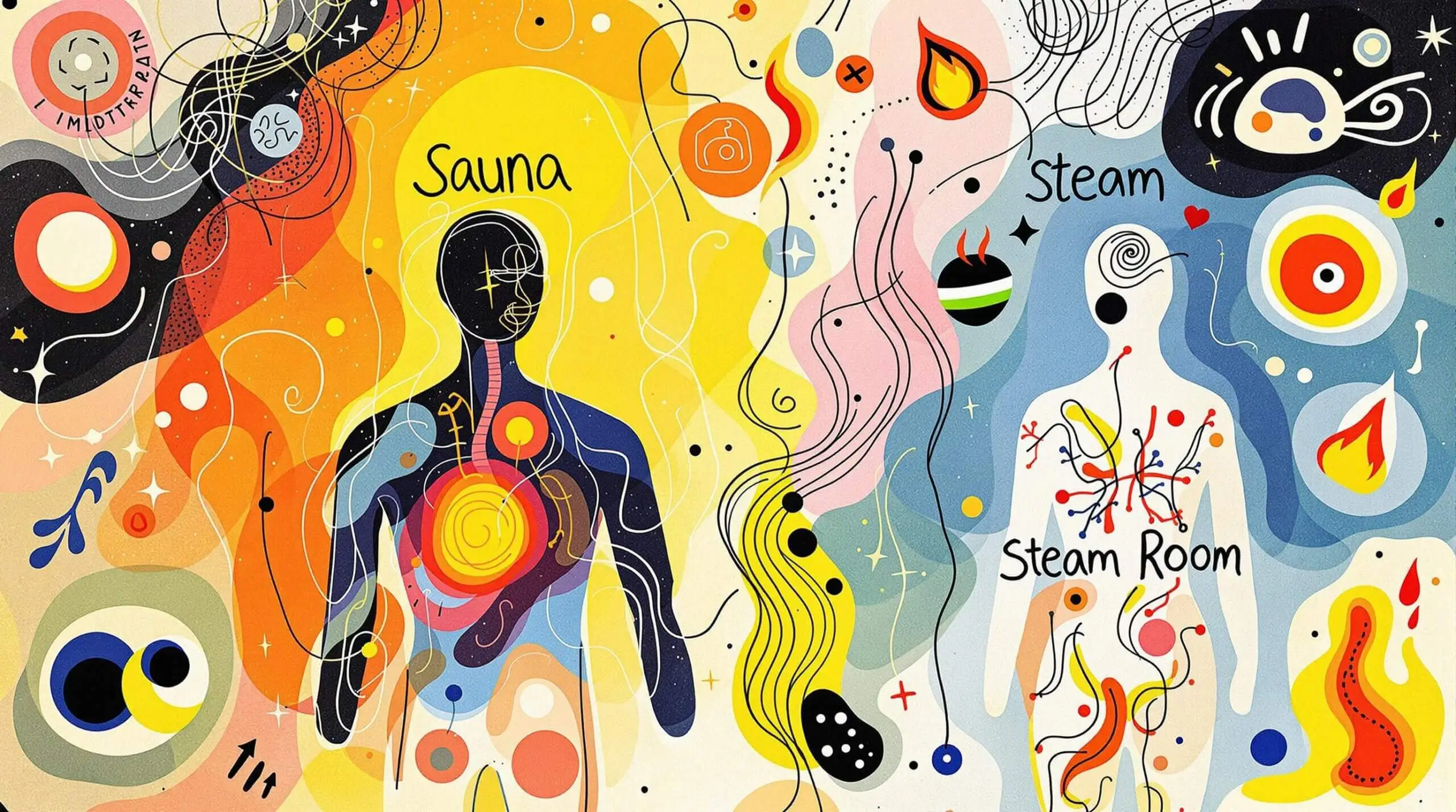 Abstract illustration depicting sauna and steam room benefits on the human body.