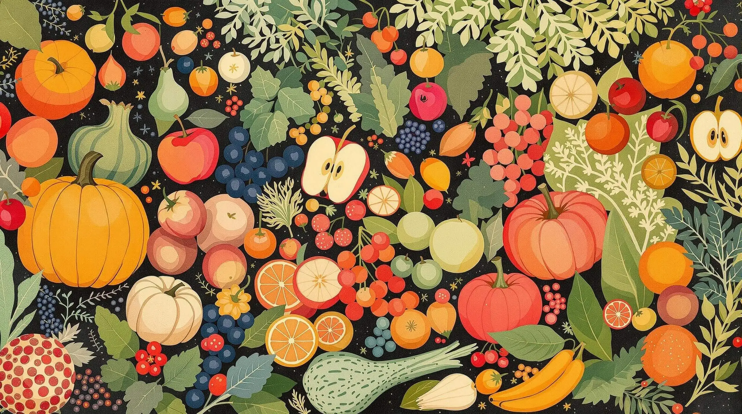A colorful collage of seasonal fruits and vegetables with abstract patterns and textures.