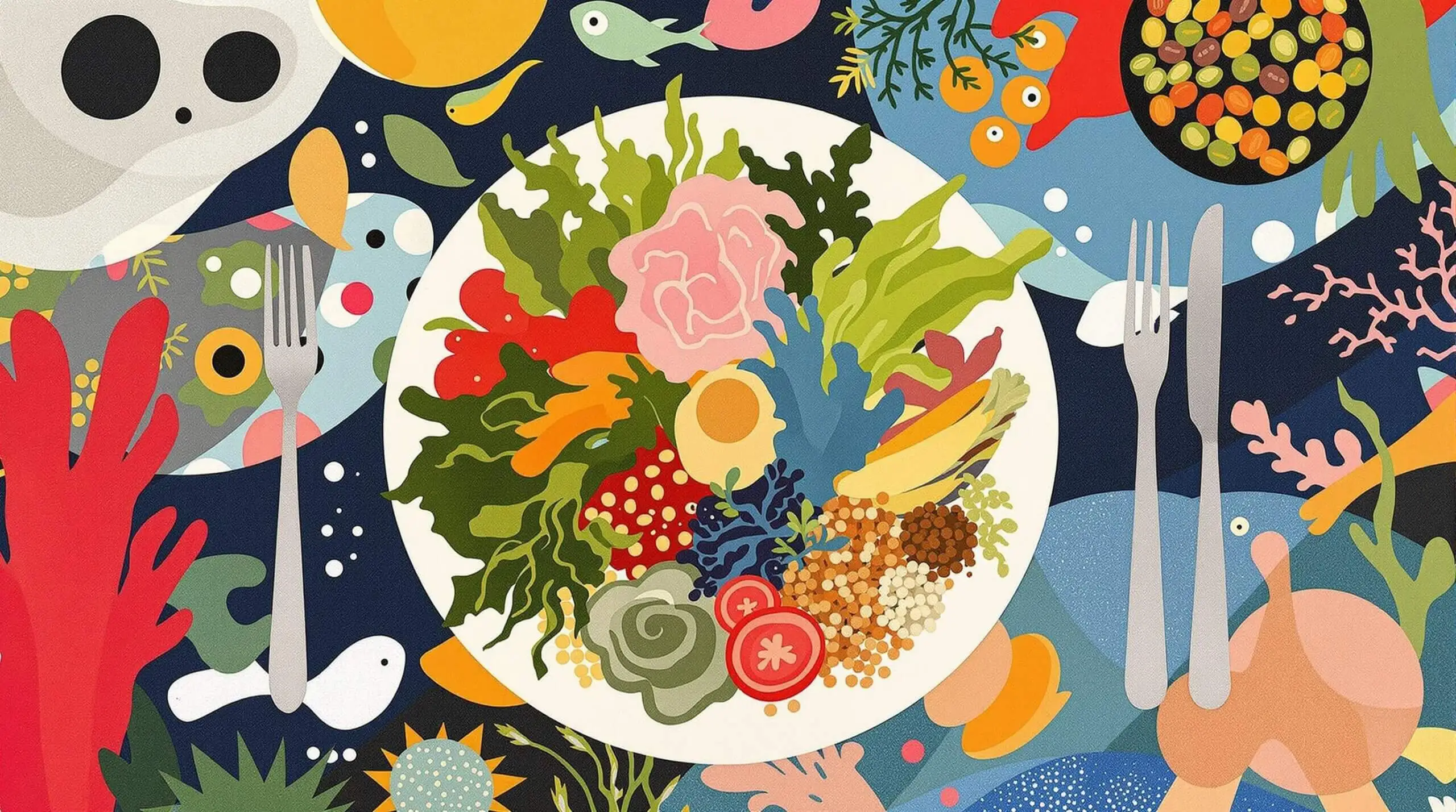 A collage art of a seaweed-rich healthy meal with abstract ocean-themed patterns.
