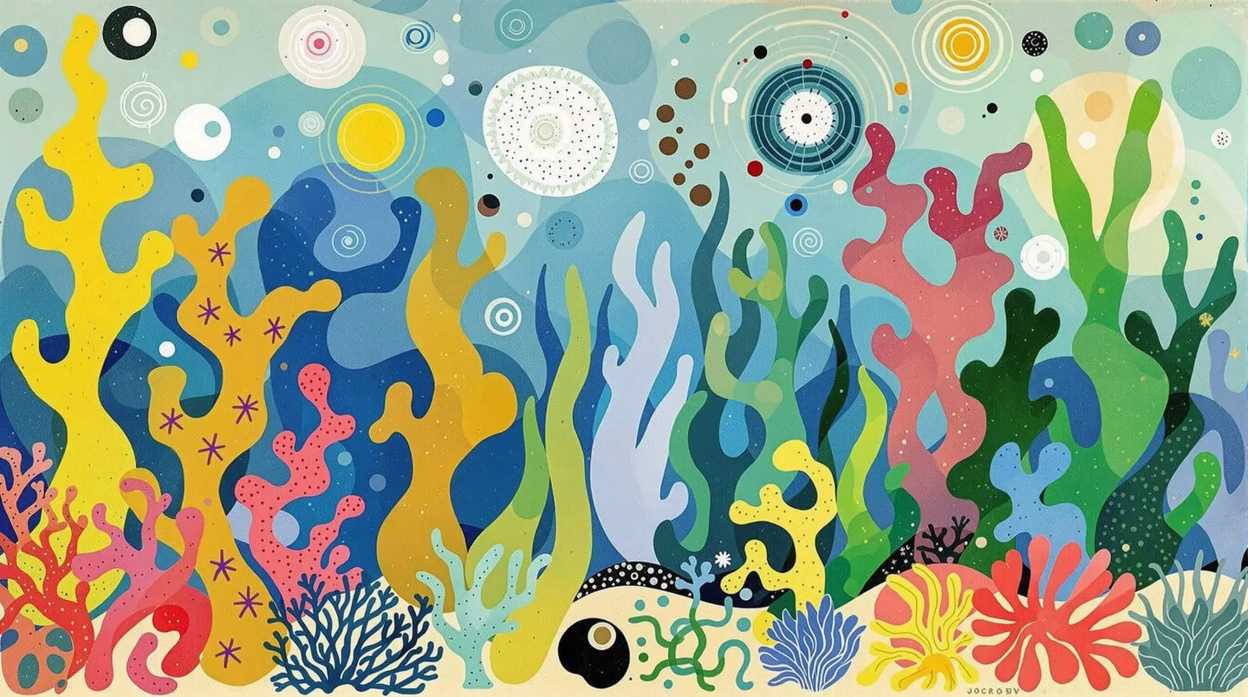 An artistic depiction of vibrant seaweed with abstract ocean patterns.