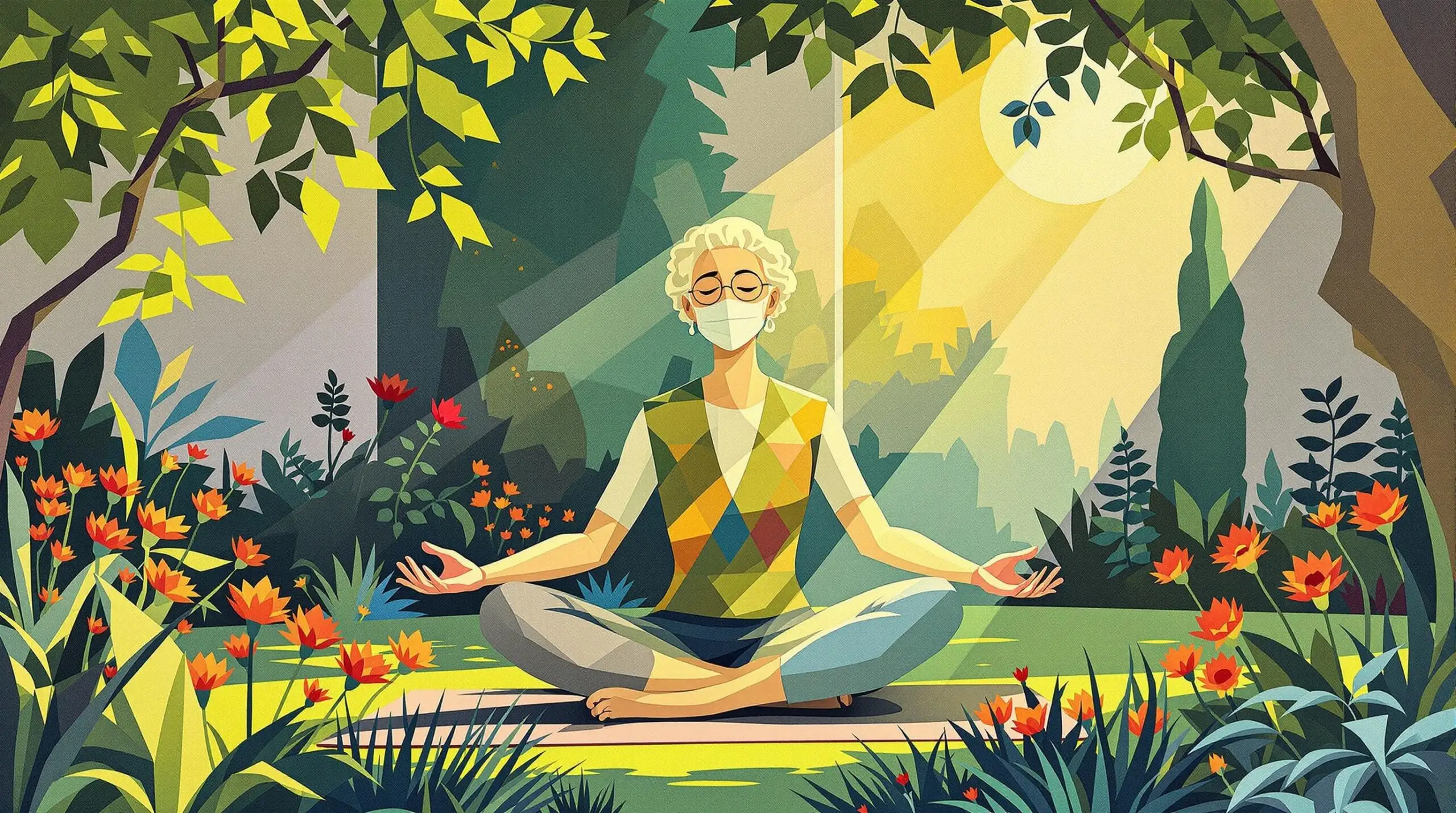 An elderly Seventh-Day Adventist doing yoga in a garden with abstract background elements.