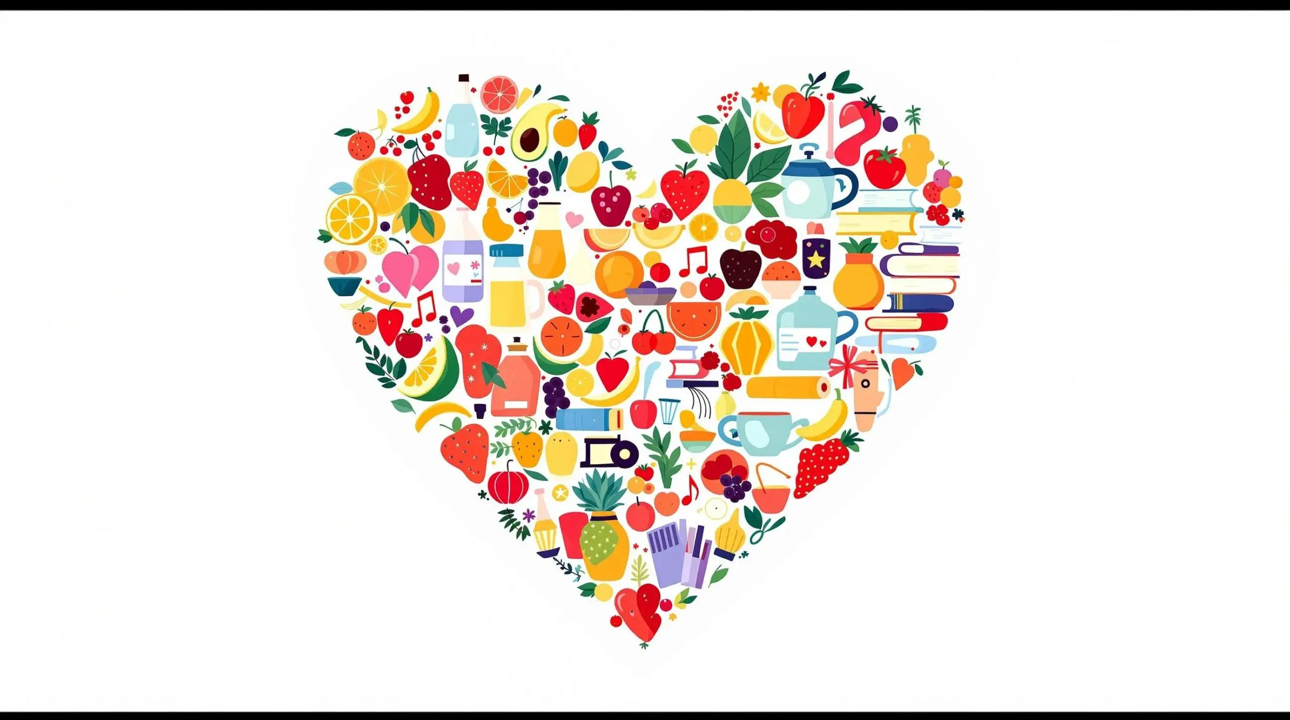 Heart symbol collage with fruits, weights, books, and music notes