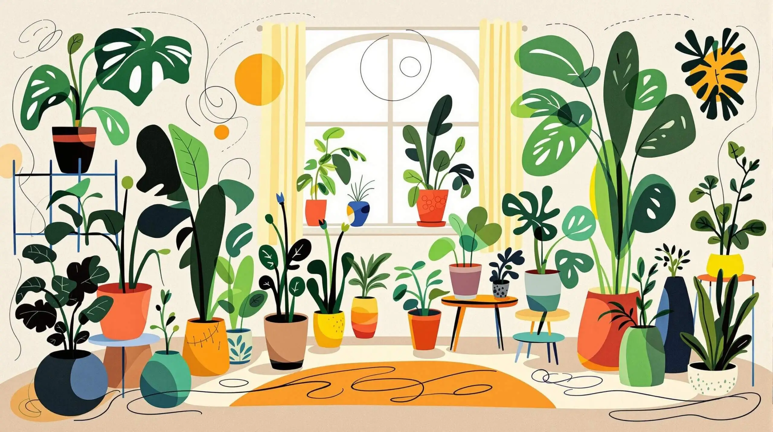 Indoor plants in colorful pots with abstract shapes swirling around