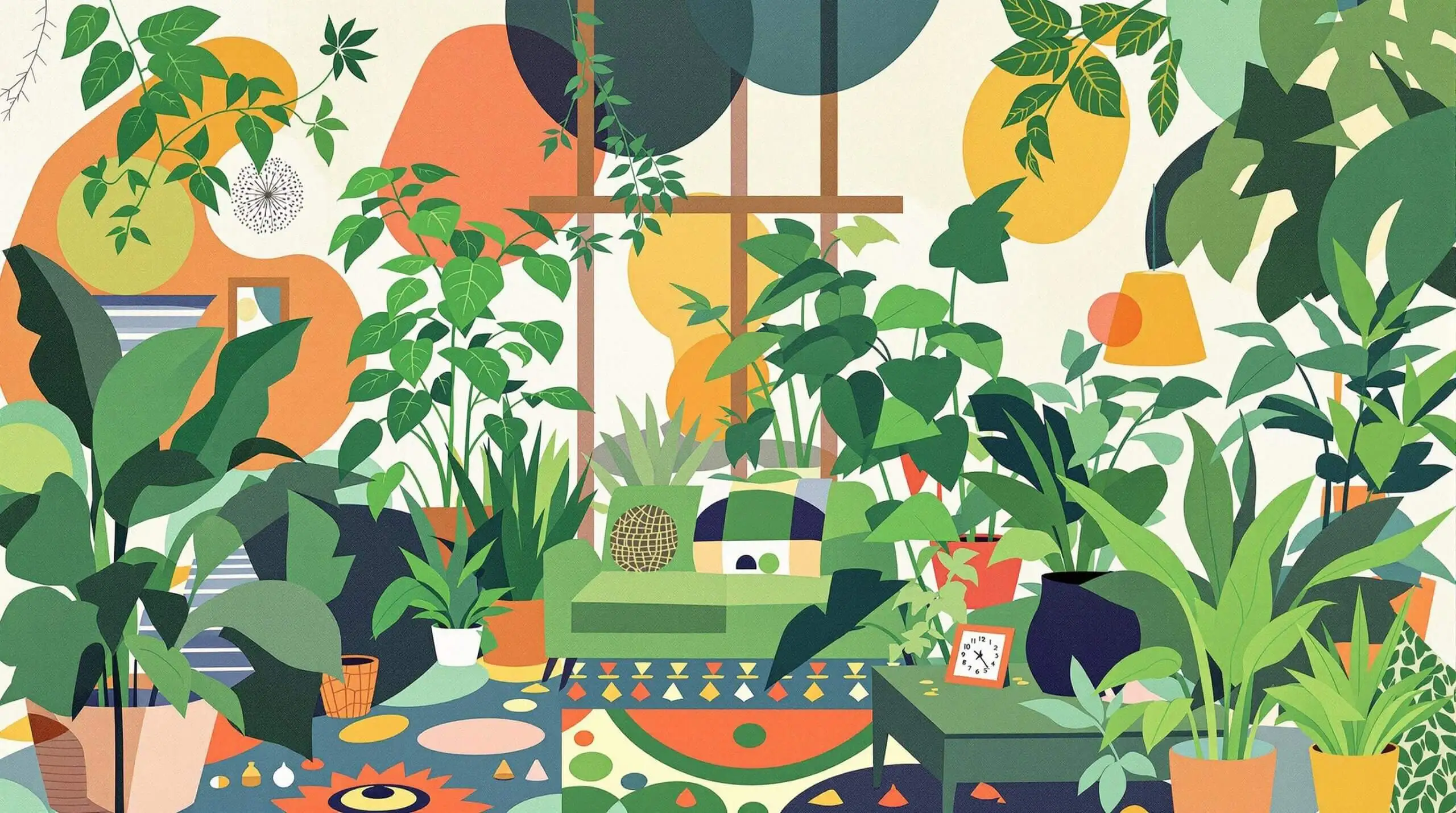 A cozy living room with a variety of indoor plants and abstract patterns in the background