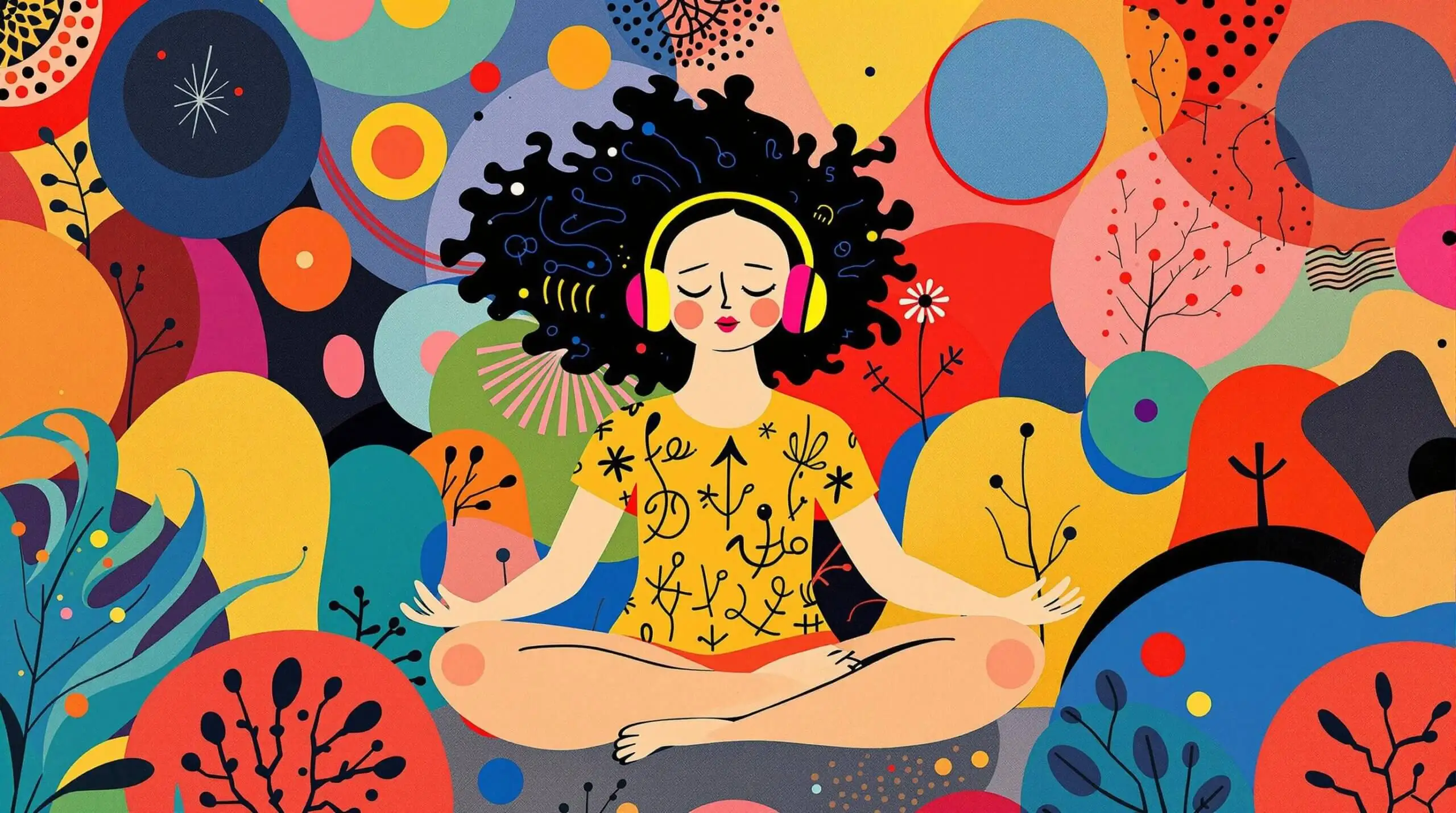 A person meditates peacefully with headphones on, surrounded by abstract shapes and bright colors indicative of peace and wellness.