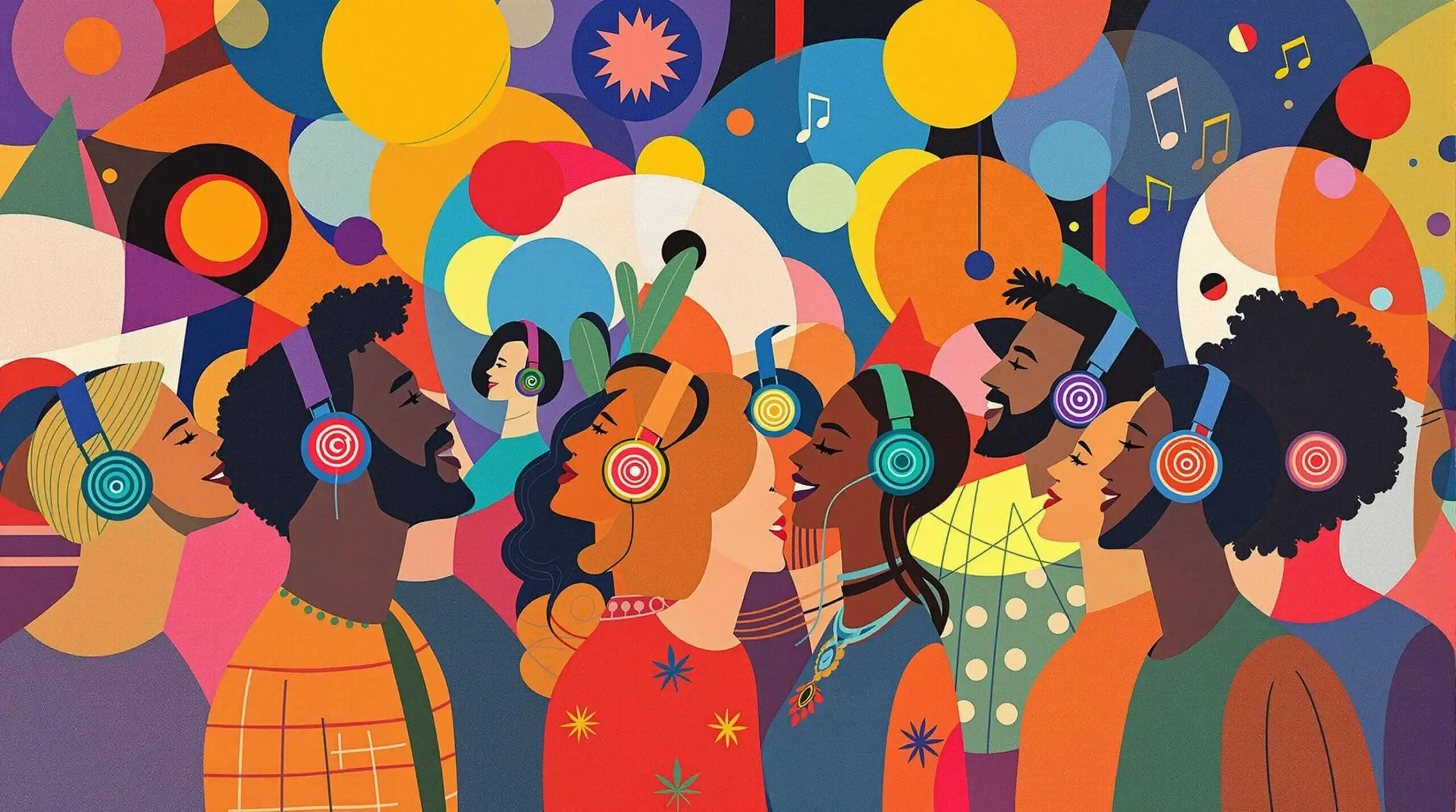 People wearing headphones dancing energetically in a silent disco, with abstract geometric shapes and vibrant colors filling the scene.
