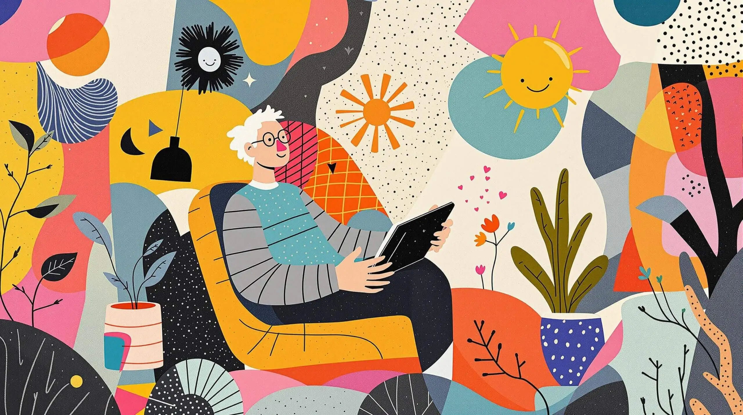 A collage-style abstract artwork of an aging individual in a quiet retreat, with colorful patterns symbolizing rejuvenation.