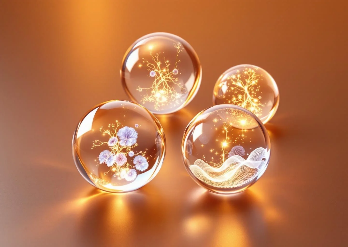 An abstract visualization of four translucent spheres containing intricate light patterns representing the biological pathways of skin aging.