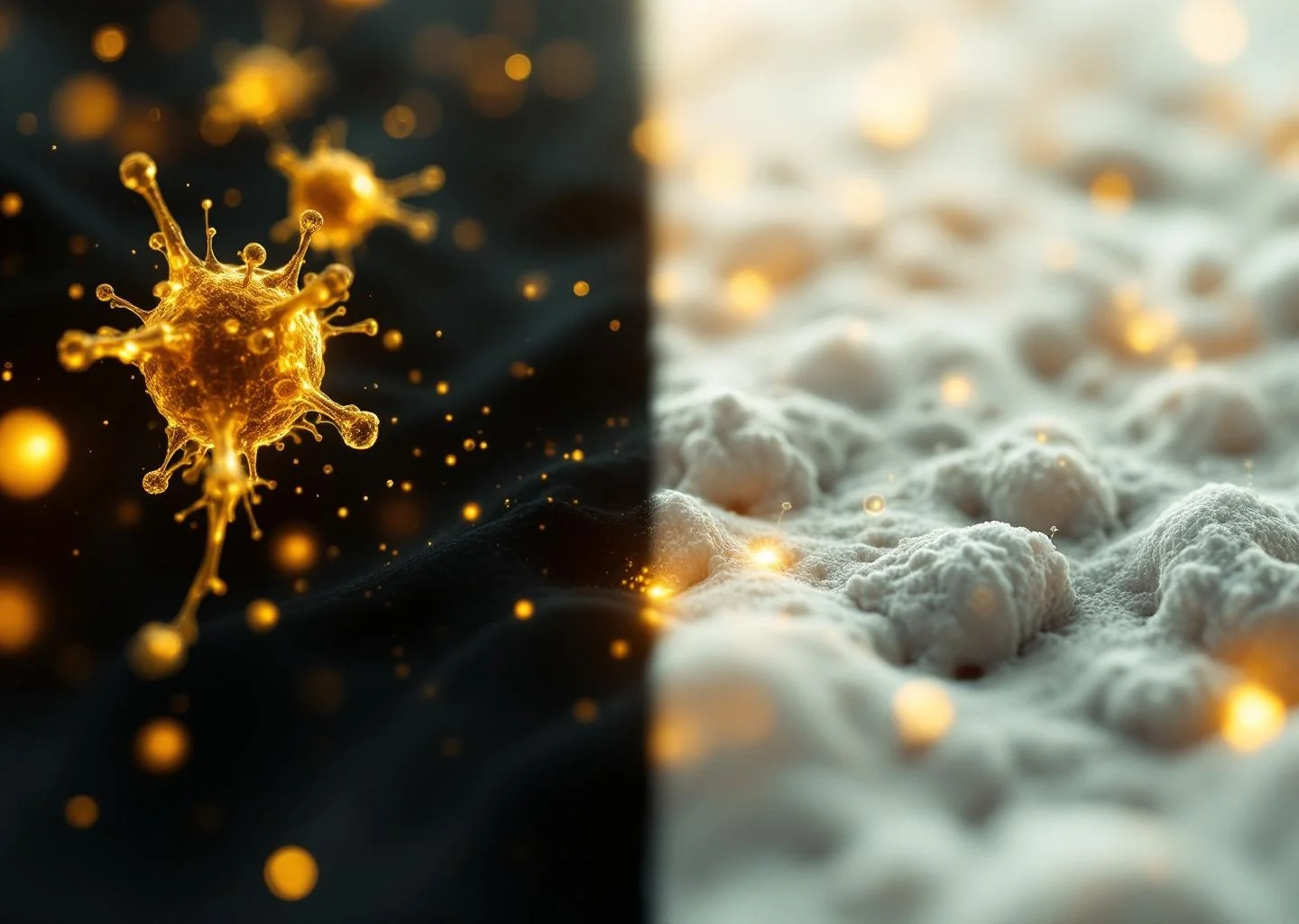 An abstract scientific visualization contrasting vibrant, healthy cellular structures with fragmented, aging ones to represent the mechanism of cellular longevity.