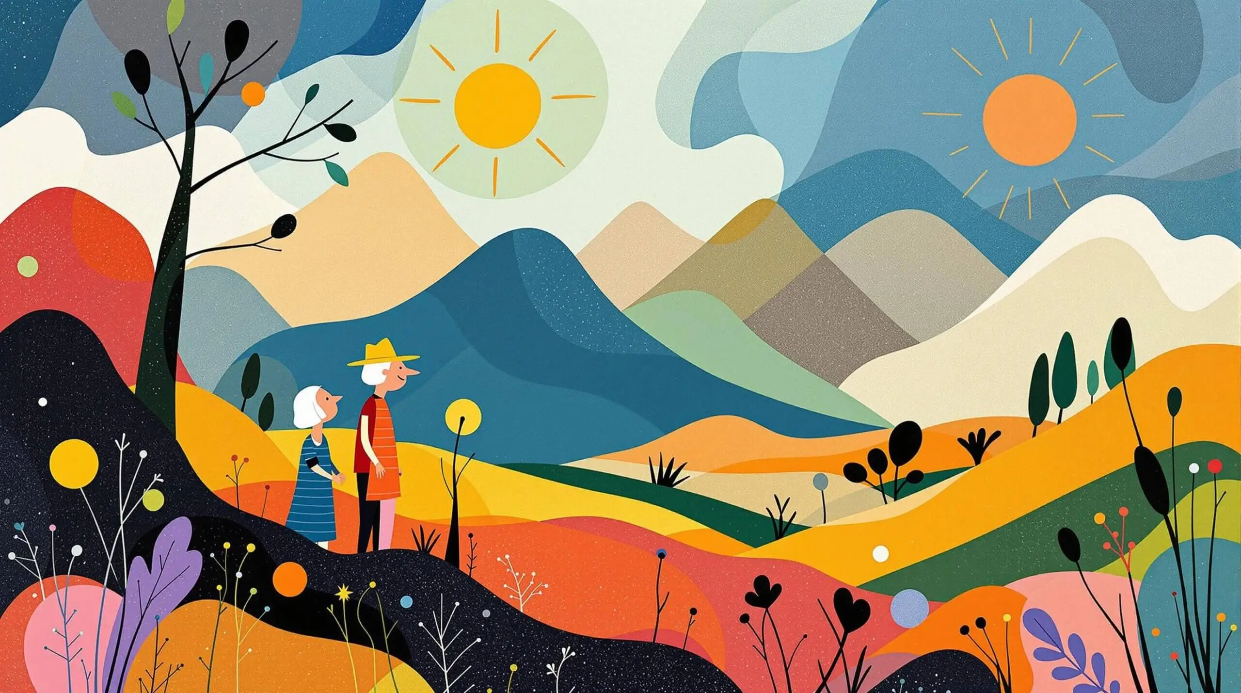 Abstract illustration of an elderly couple enjoying nature at high elevation