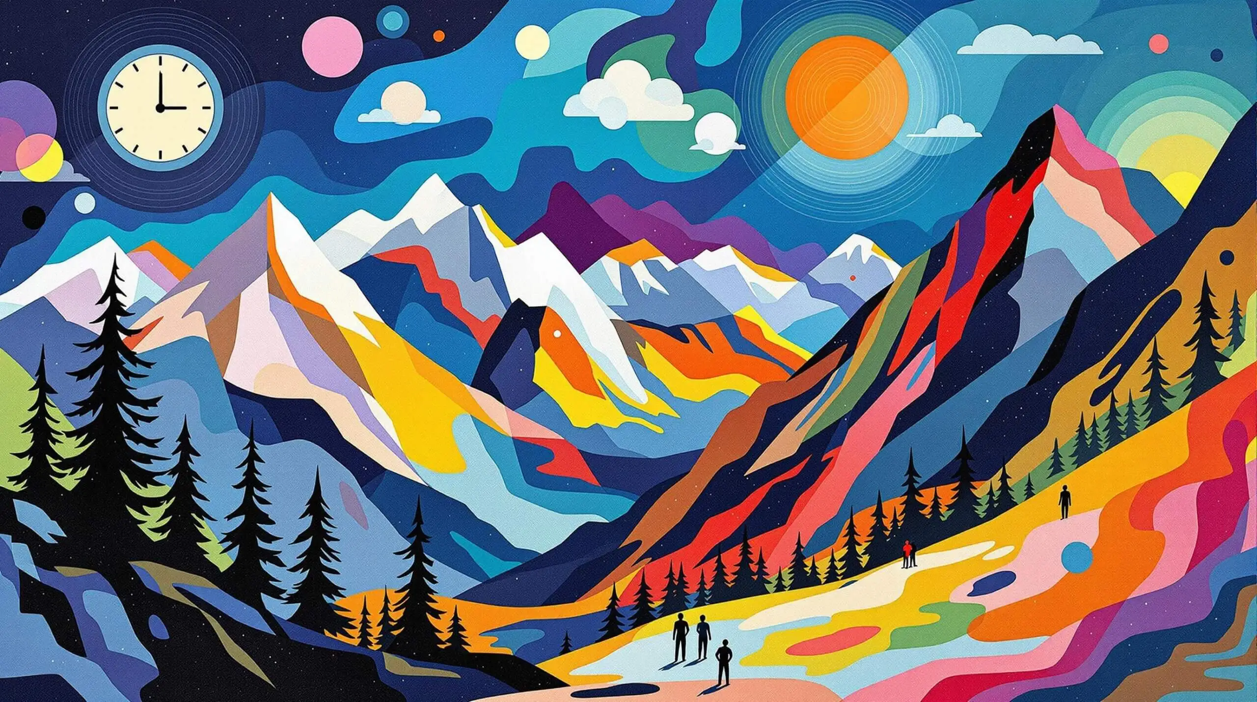 Abstract illustration of mountains, a clock, and figures exercising at high altitudes