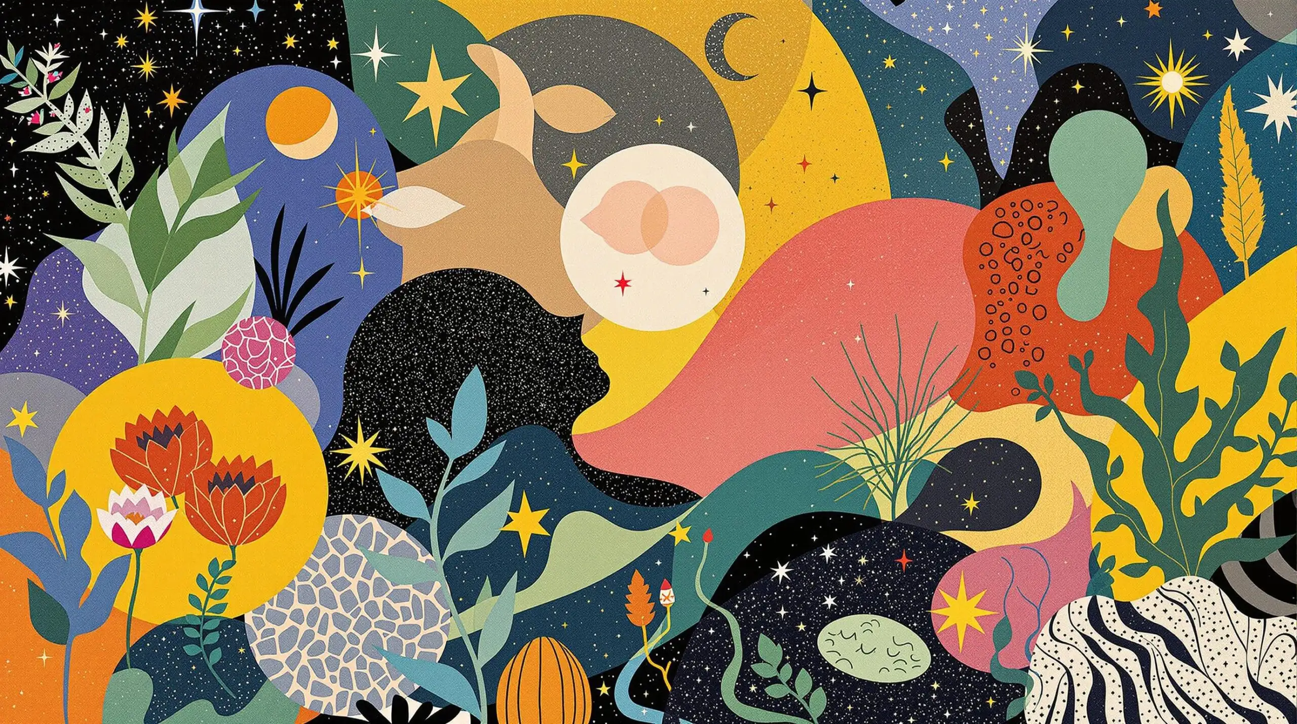 A collage of natural elements and stars with sleeping human silhouettes, symbolizing rejuvenation.