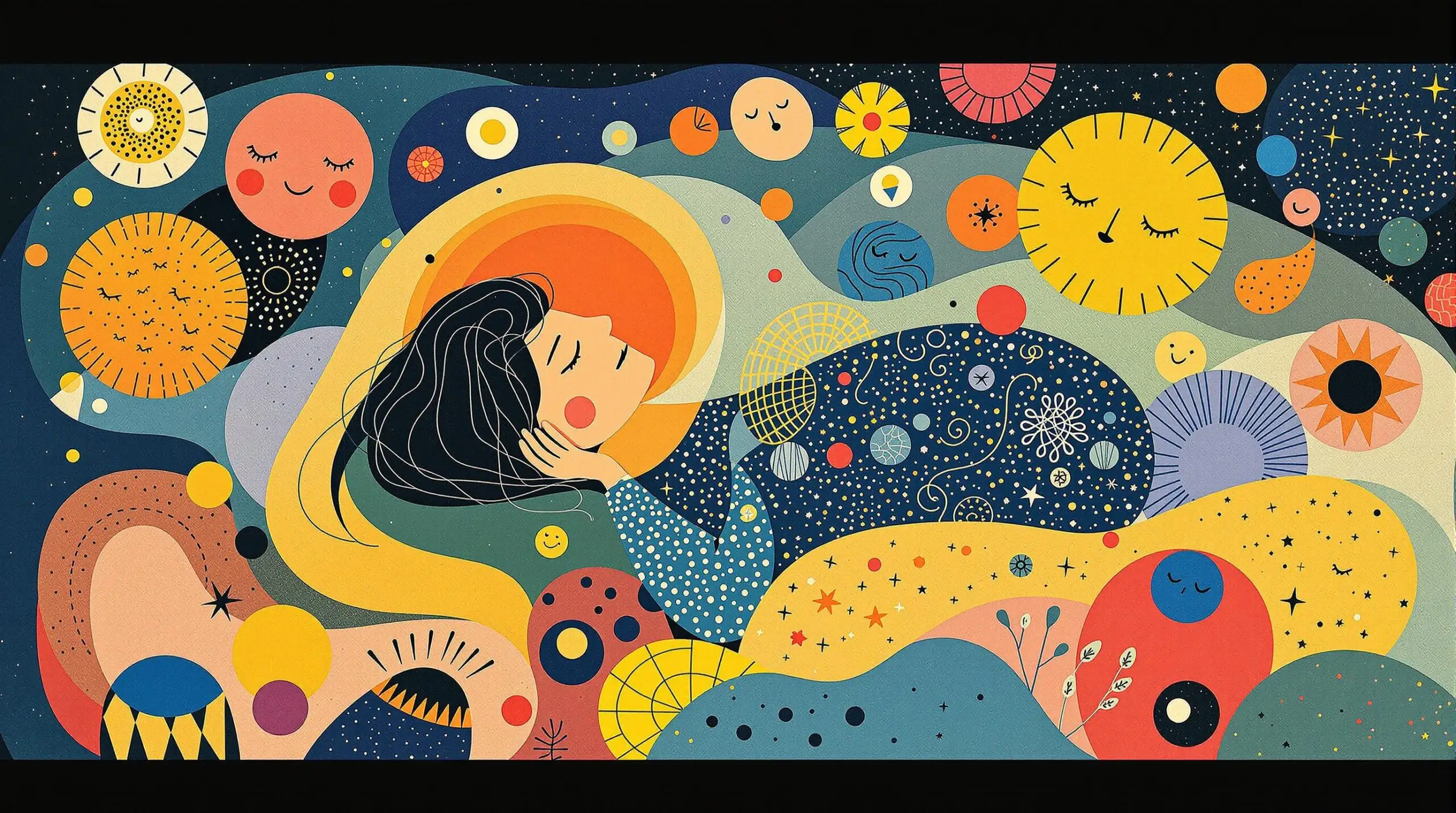 An artistic illustration of a person sleeping surrounded by abstract shapes and vibrant patterns.