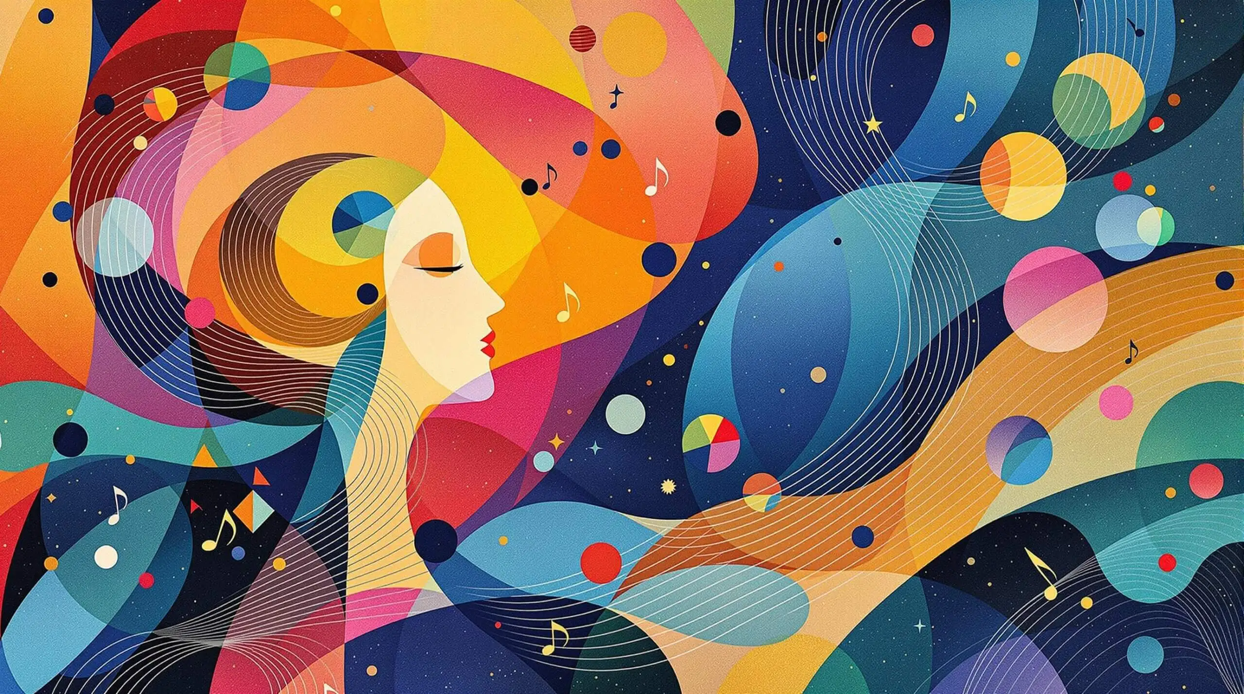 An abstract illustration of a human figure surrounded by colorful sound waves, inspired by Wassily Kandinsky.