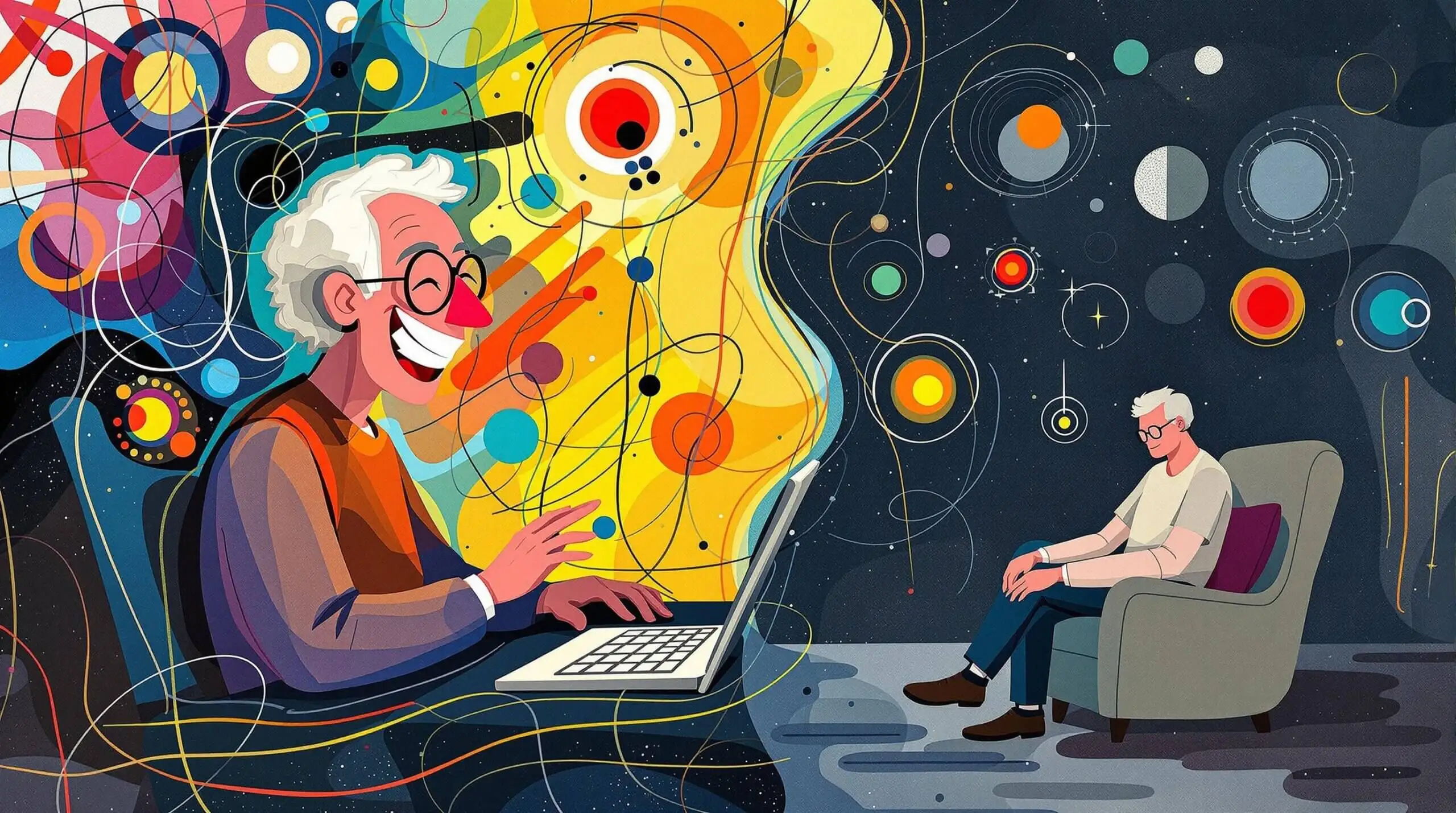 An older adult video chatting surrounded by vibrant lines, contrasted with sitting alone in muted colors.