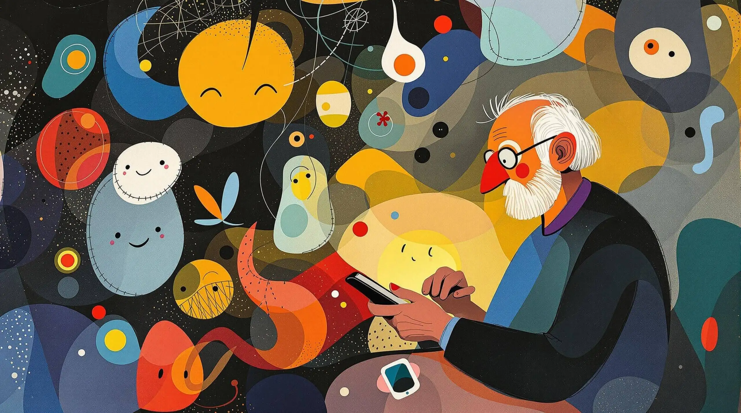 Elderly person using a smartphone enveloped by abstract shapes symbolizing social media connectivity.