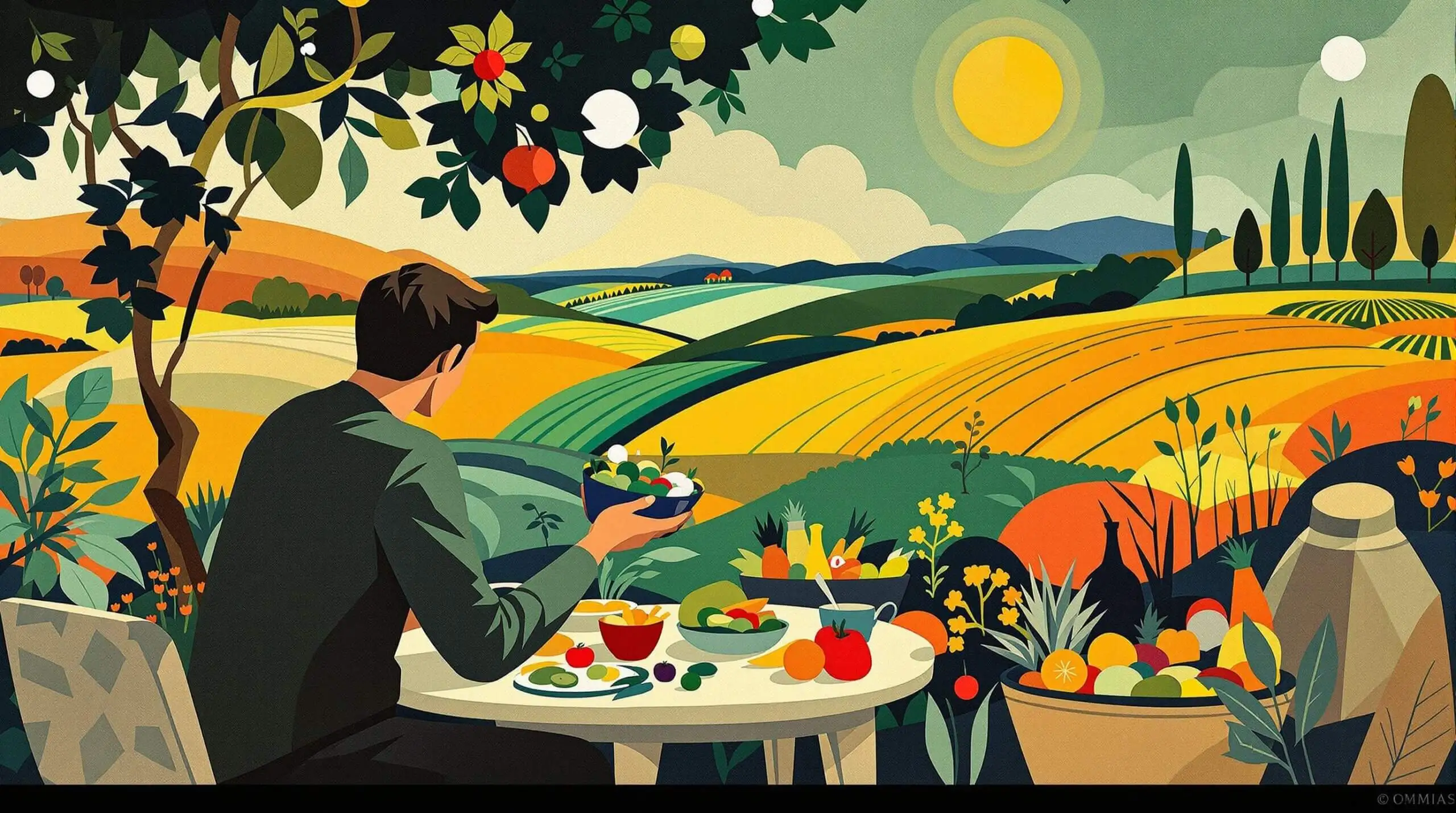 An abstract illustration with a person at a table enjoying a meal surrounded by geometric shapes and a farm landscape.