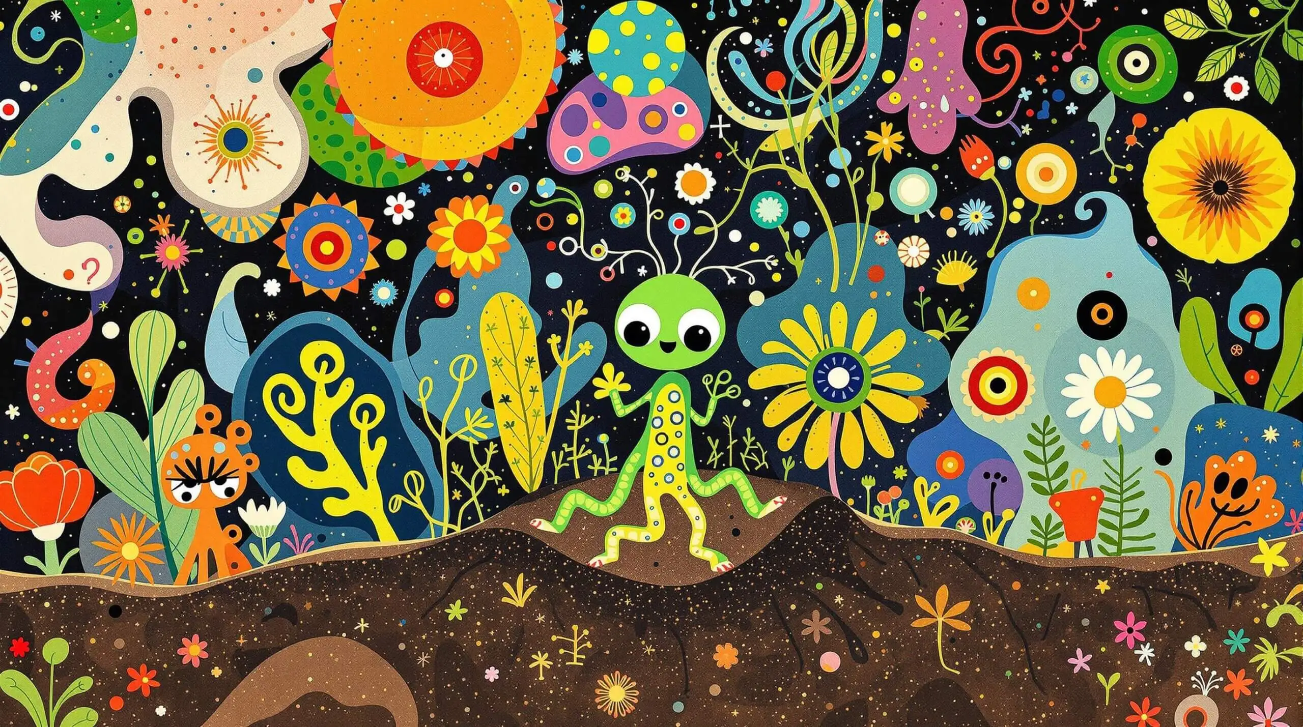 Whimsical soil microbe illustration with abstract background, highlighting soil ecosystem's complexity.