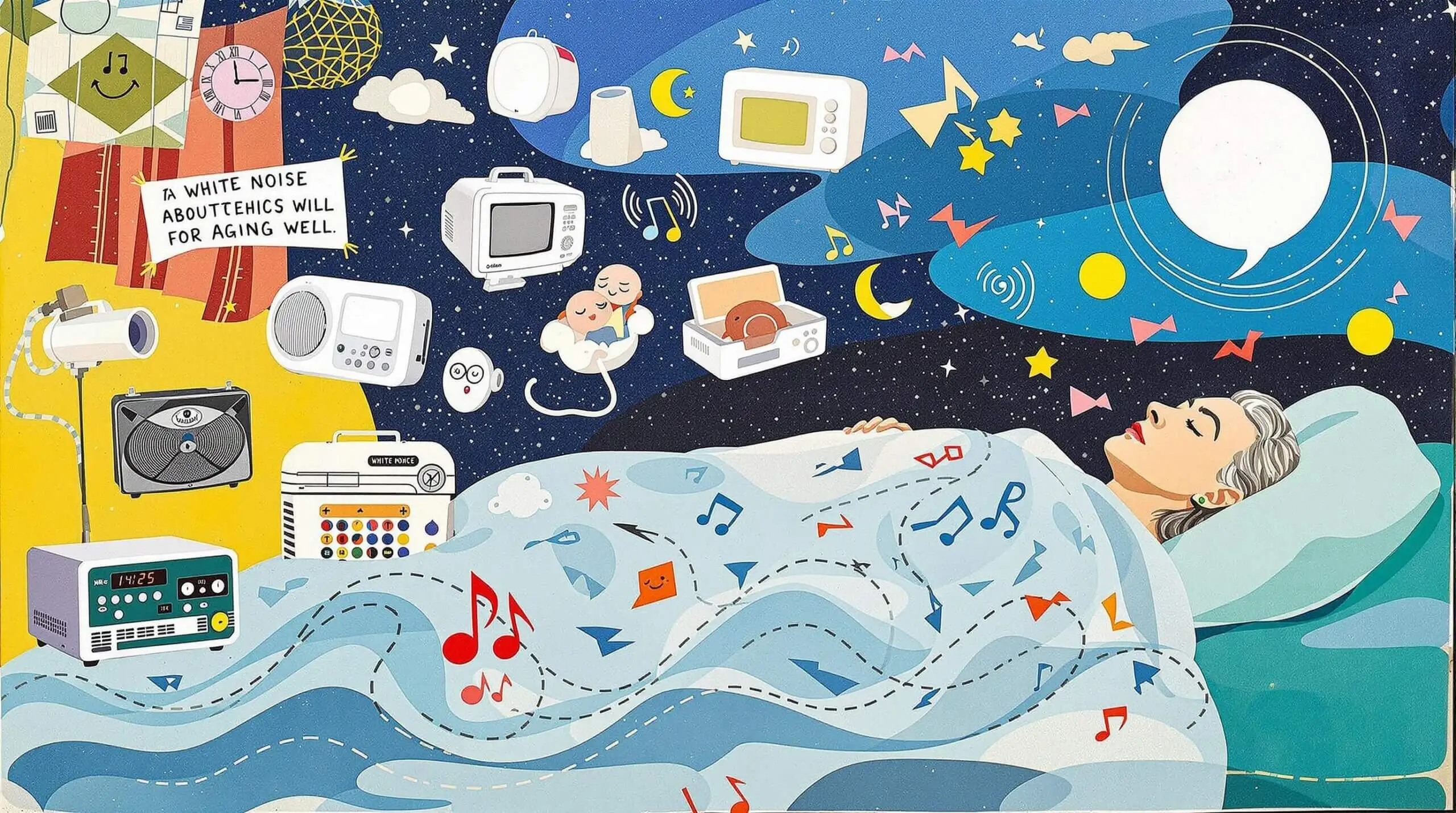 A playful depiction of various white noise machines and a sleeping figure surrounded by abstract sound waves.