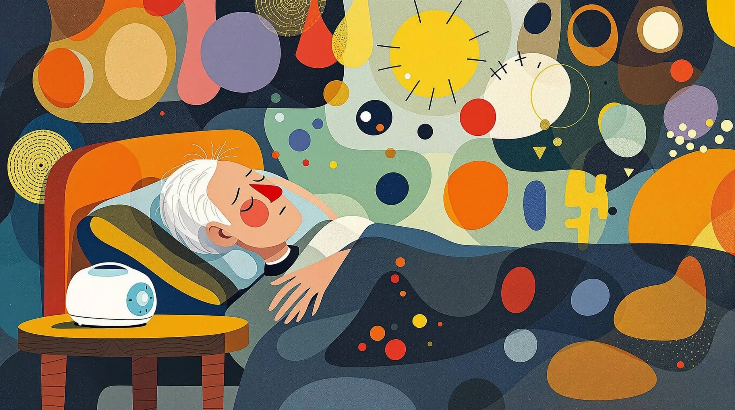 An elderly person peacefully asleep with a white noise machine beside them, surrounded by vibrant abstract shapes.