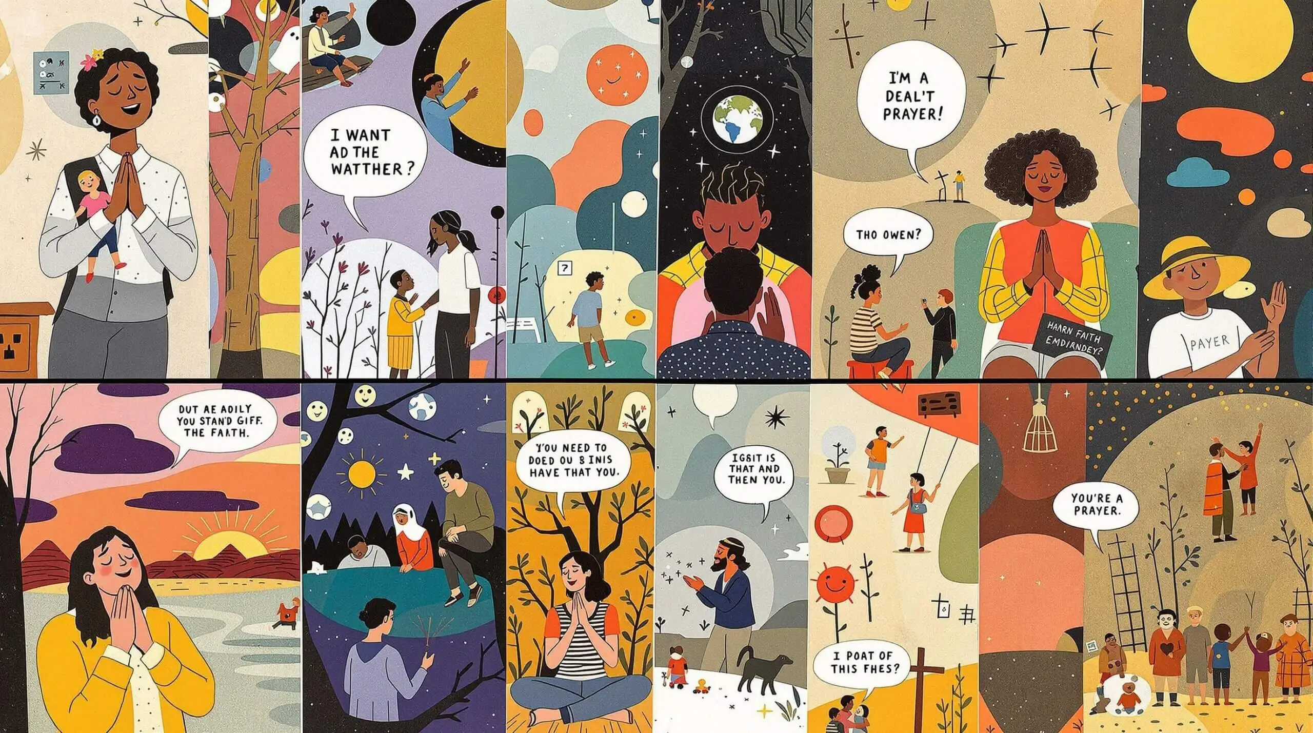 Collage illustration of a person's life journey through spiritual practices with abstract backgrounds.