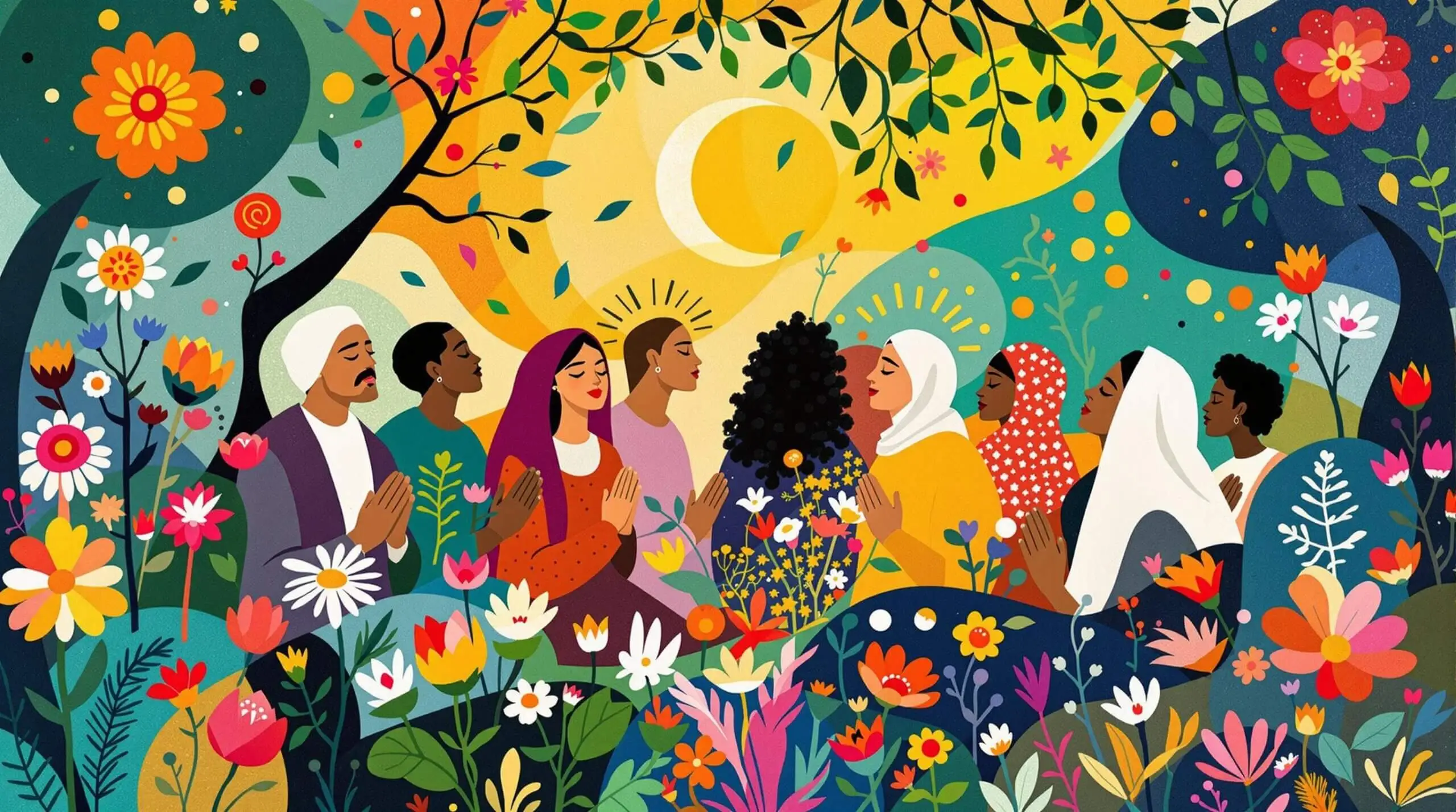 People meditating and praying in a vibrant garden with abstract patterns in the background.