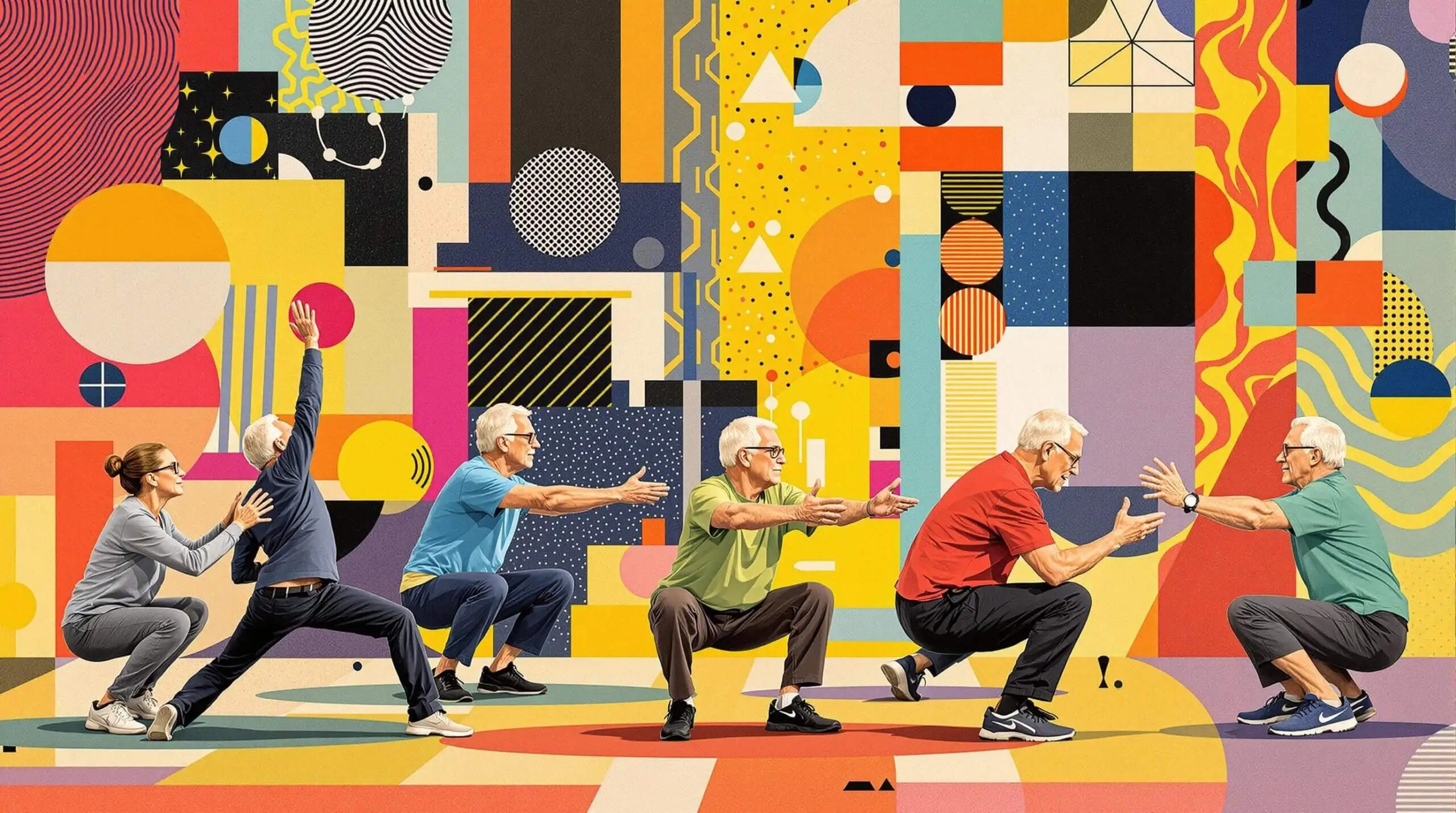 A collage of different elderly individuals performing squats and other exercises set against an abstract background.