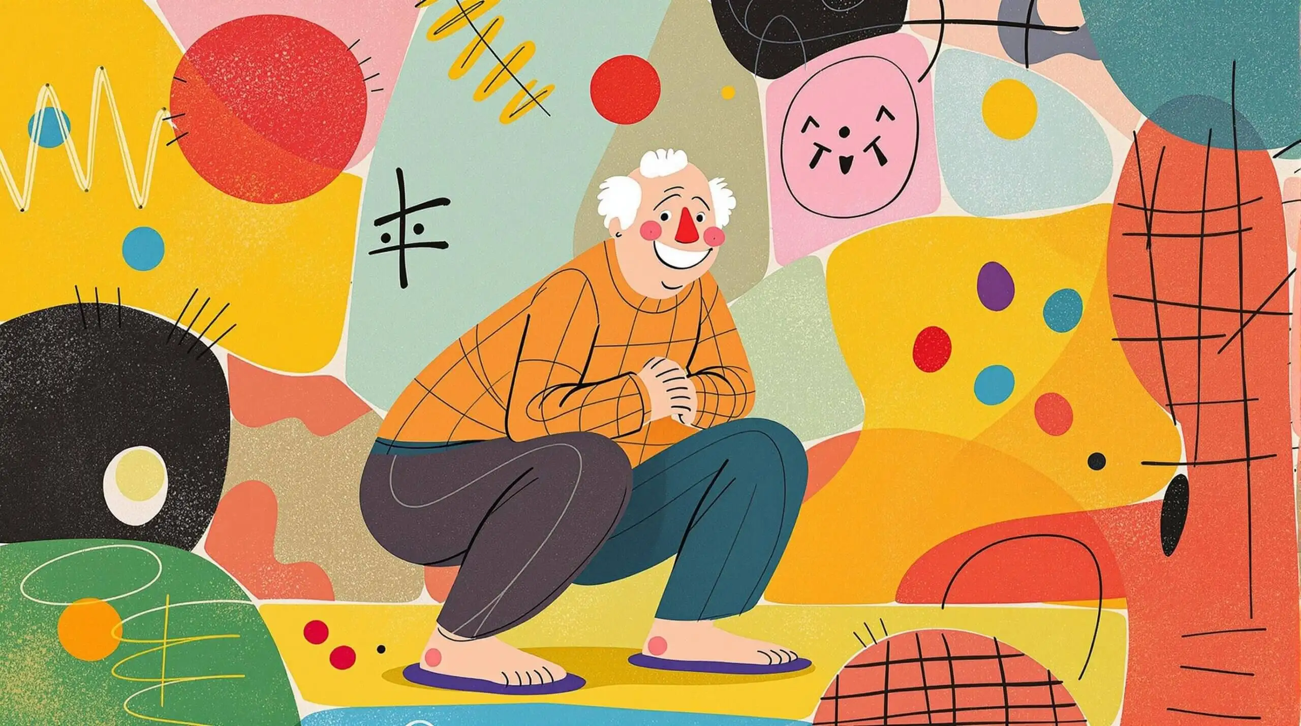 An abstract illustration of an elderly person performing a squat, surrounded by vibrant colors and shapes.