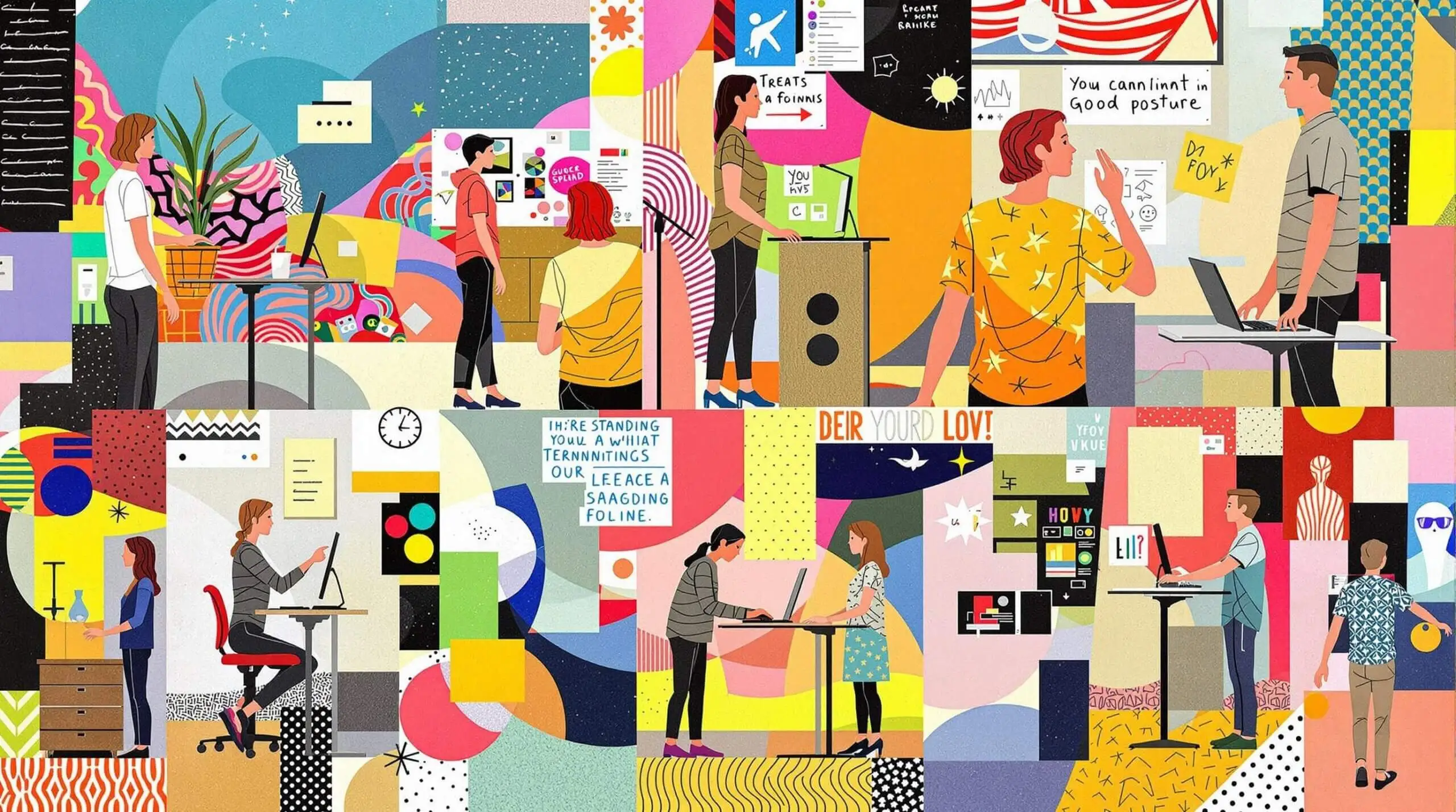 A collage depicting different postures at standing desks with abstract patterns.