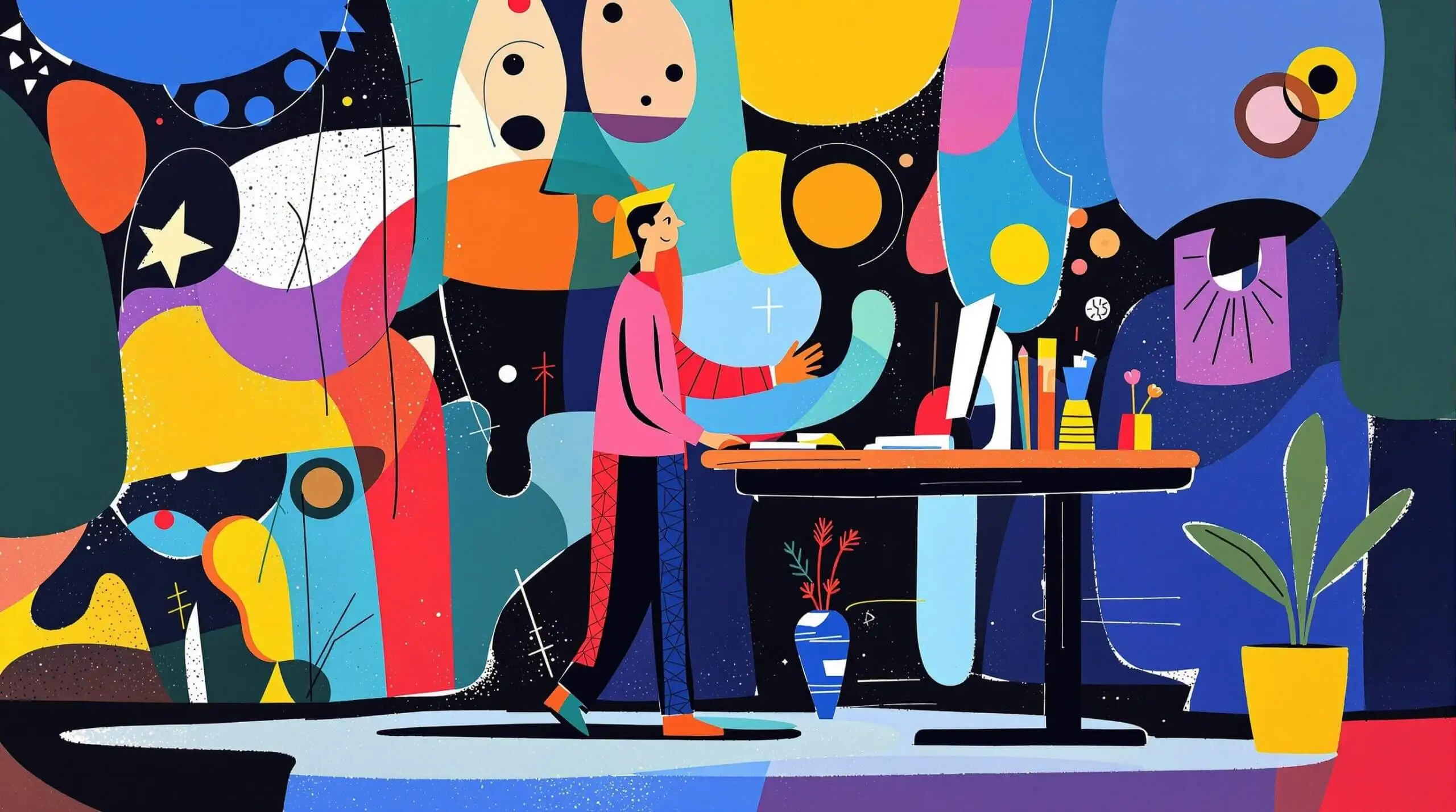 An abstract illustration of a person using a standing desk with colorful patterns and shapes.