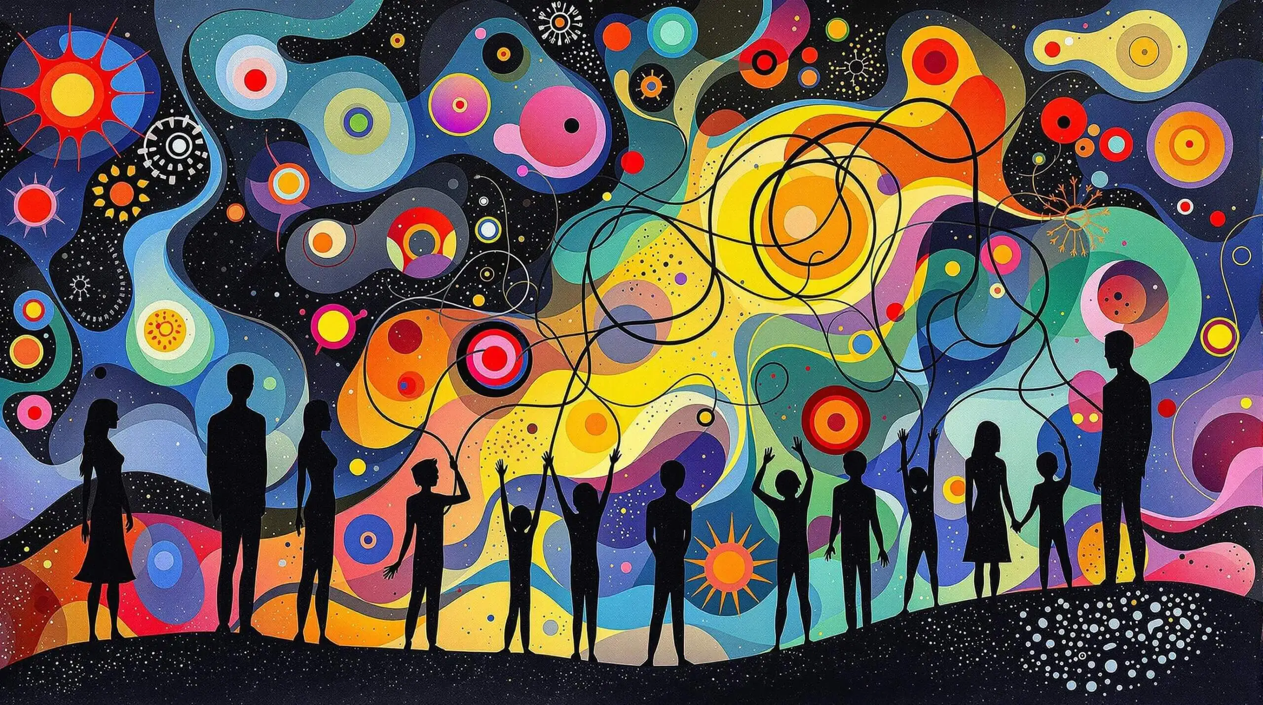 Stylized stem cells interacting with human silhouettes against a vibrant, abstract background.