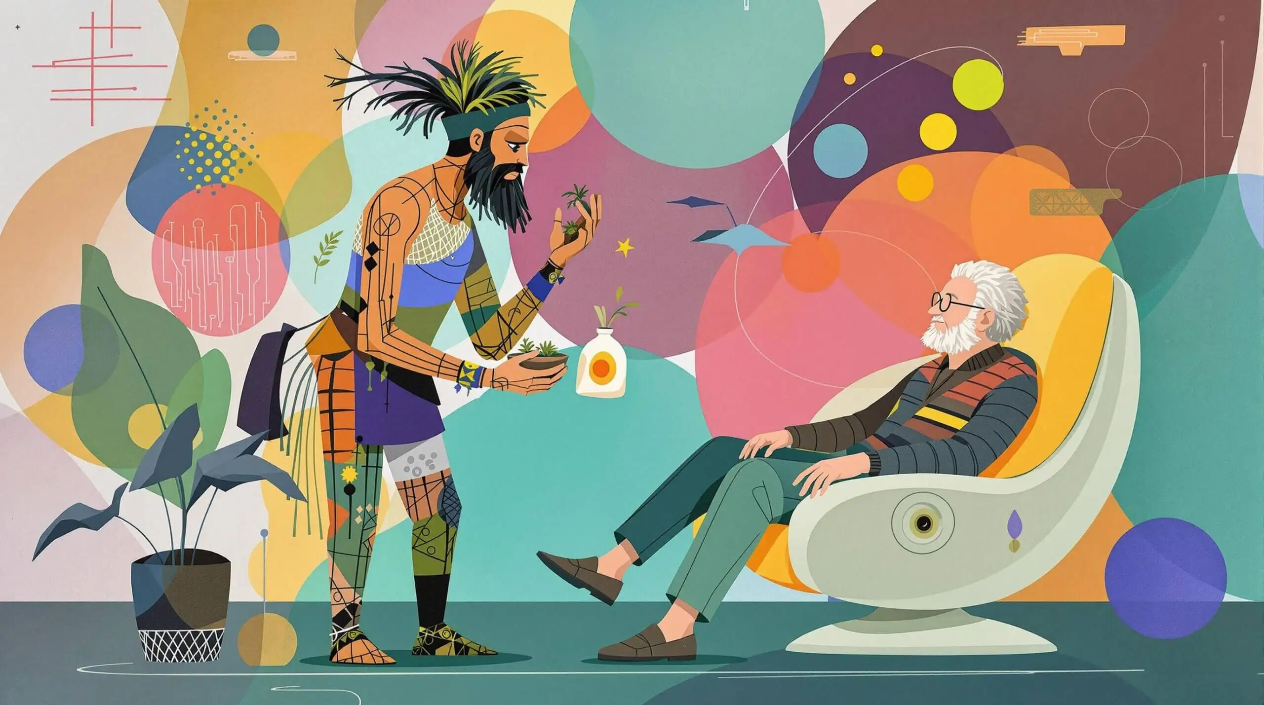 A Stone Age healer presenting herbs to a modern elderly person in an abstract collage art style.