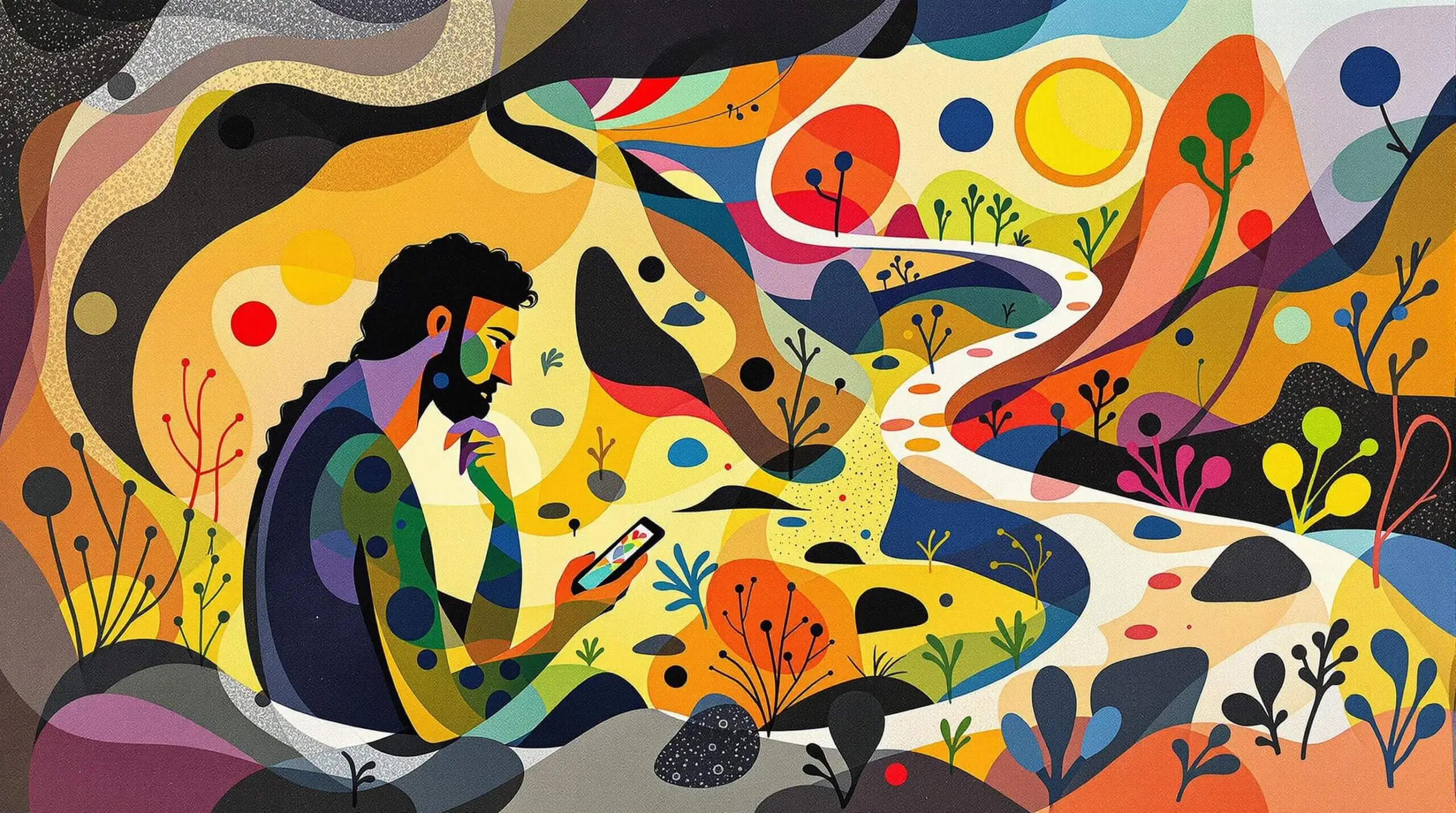 A Stone Age person looking at a smartphone in a colorful abstract setting.