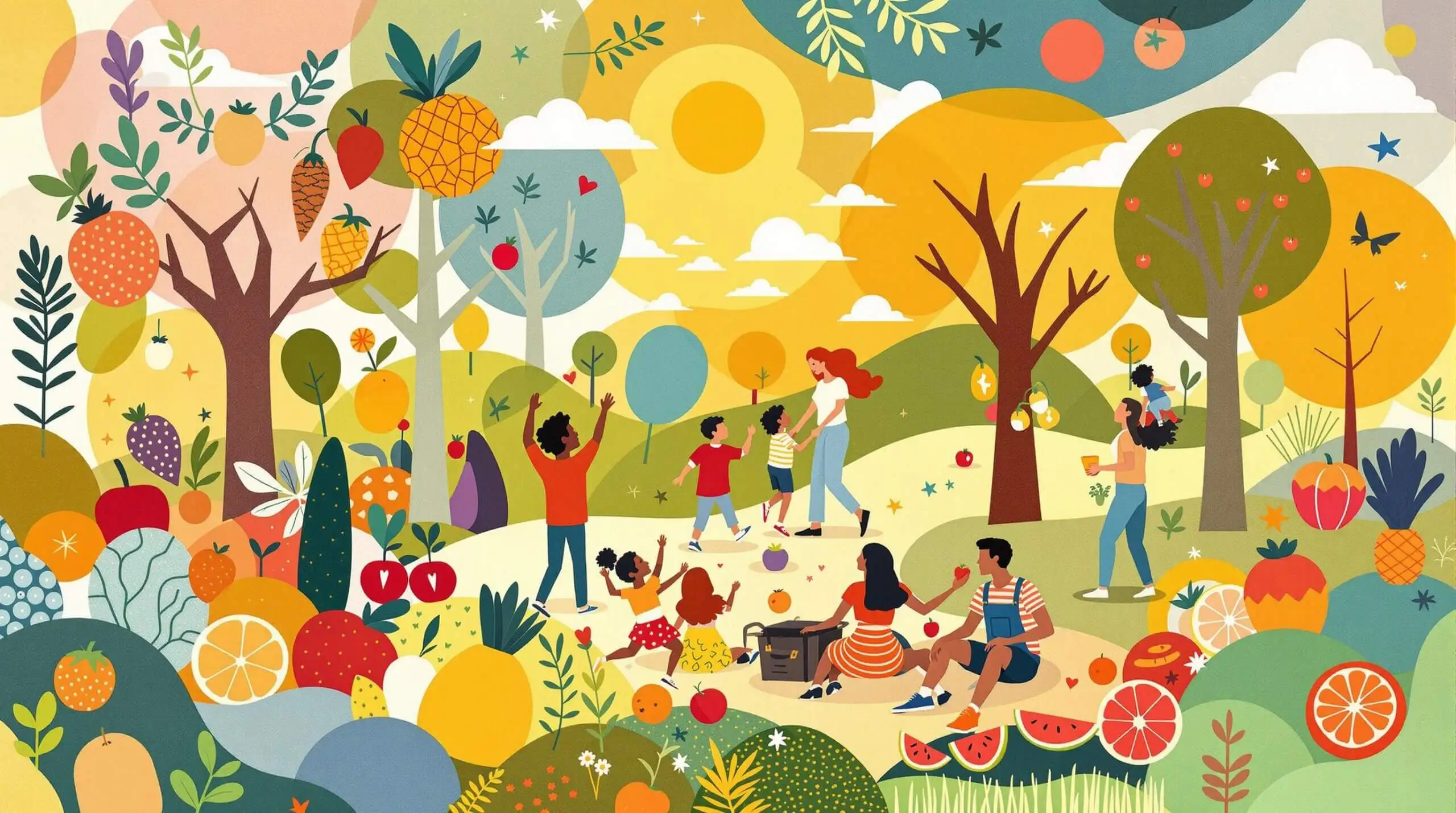 A colorful collage of healthy lifestyle elements, including fruits, vegetables, and people in a sunny park setting.