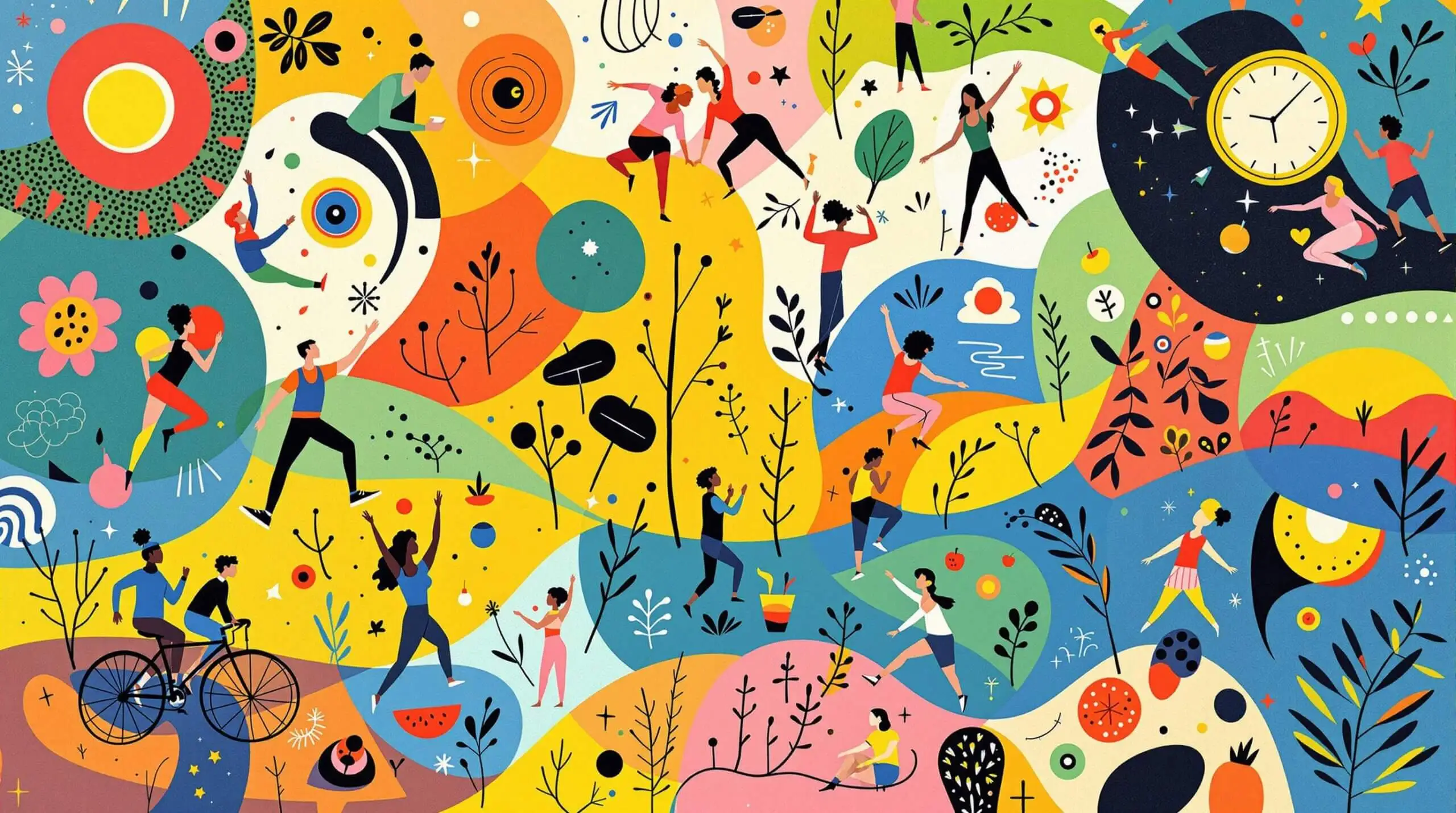 An abstract illustration of people engaging in cycling, jogging, yoga, and eating healthy meals in a vibrant and lively scene.