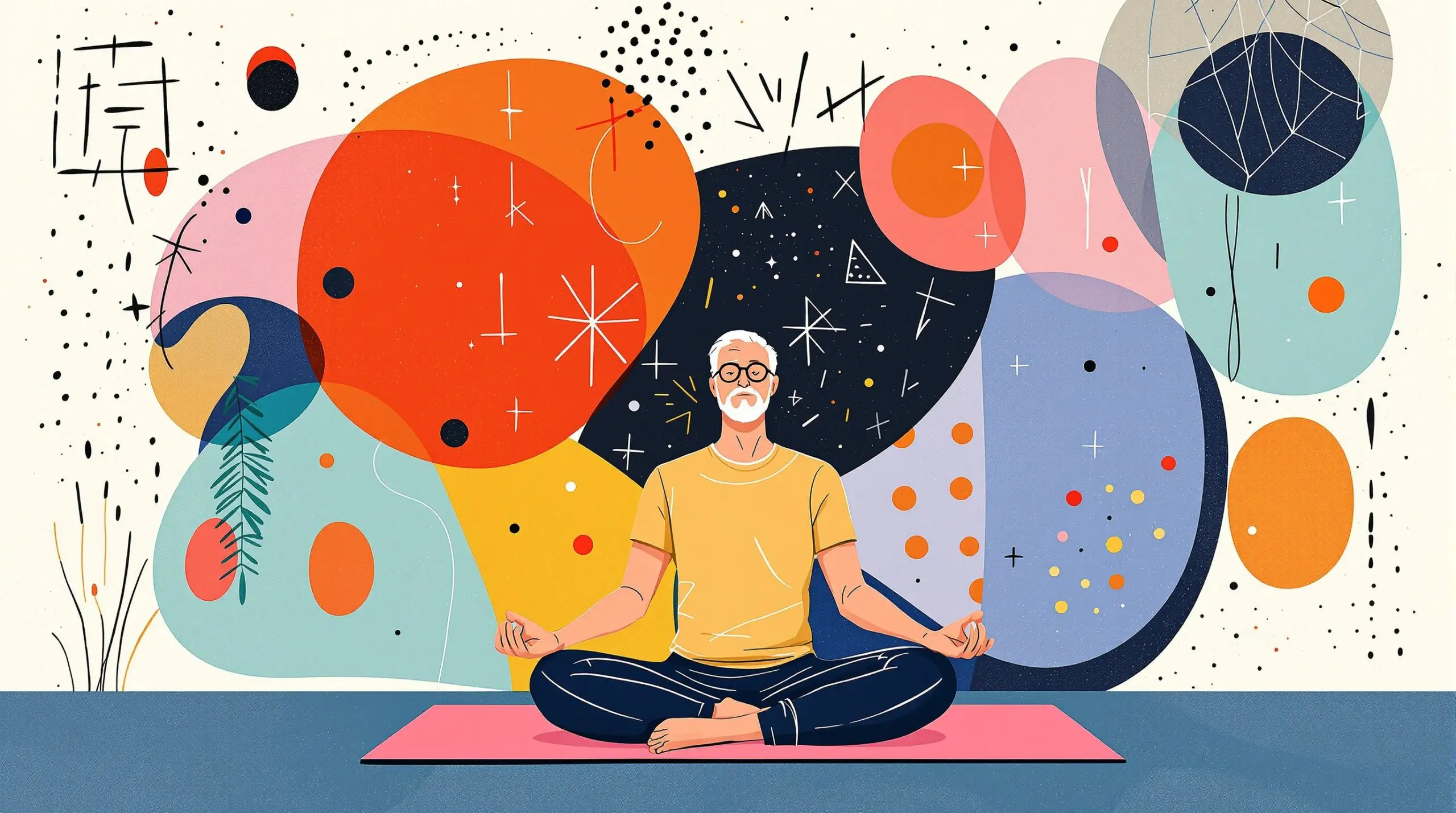 Mature man meditating on a yoga mat with abstract, colorful elements in the background